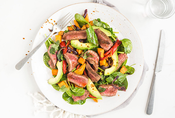 spiced steak fajita salad bowl with avocado
