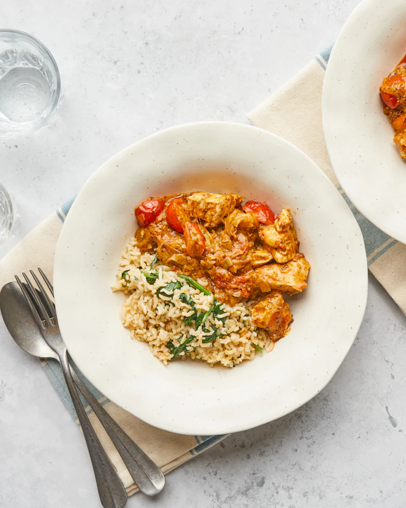 Red Pesto Chicken with Spinach Rice & Creamy Tomato Sauce