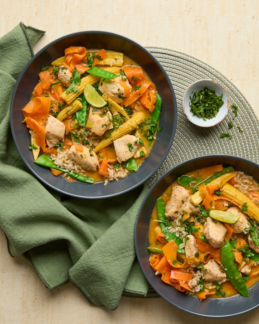 This fragrant Thai-inspired soup is comfort in a bowl. Simmer tender free-range British chicken in a coconutty broth, infused with lemongrass and Thai red curry paste. Serve with nutty brown rice to soak up all the flavours, and garnish with fresh coriander and lashings of lime