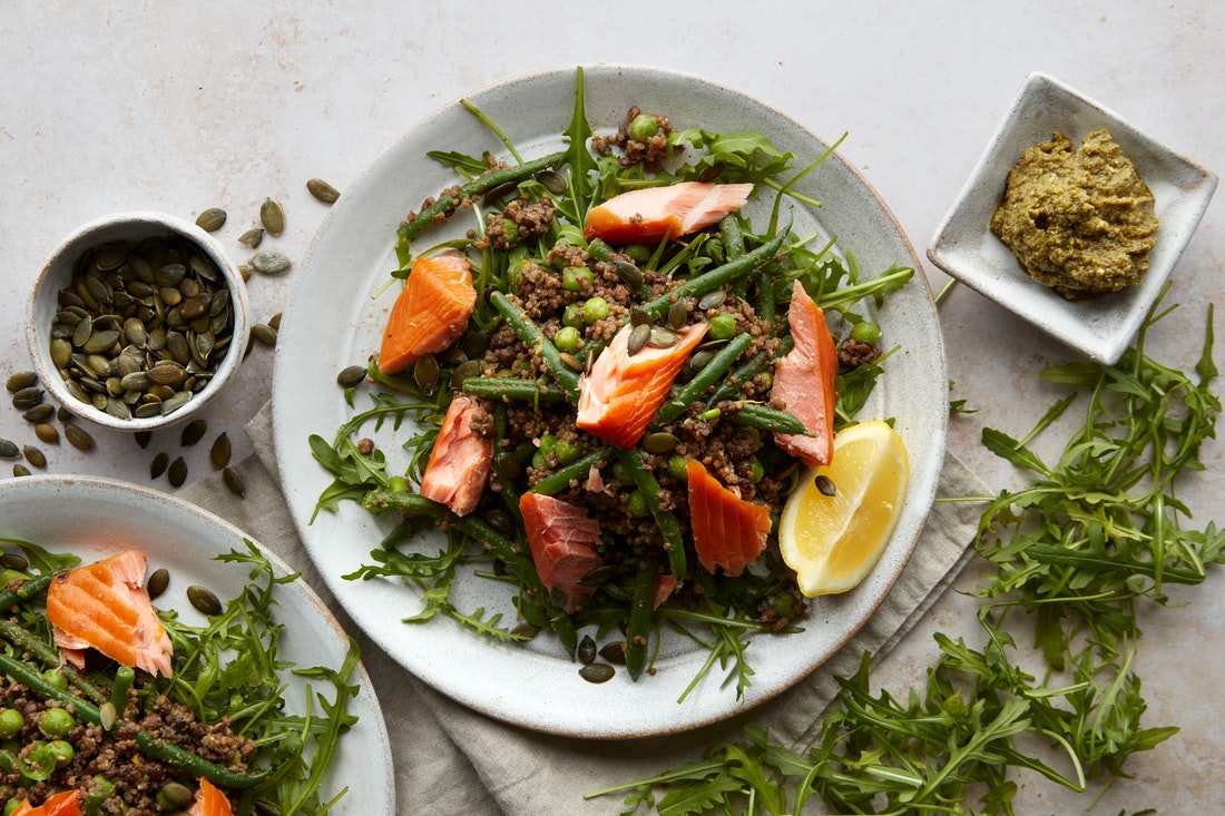 Hot-smoked Salmon Salad with Pesto & Quinoa