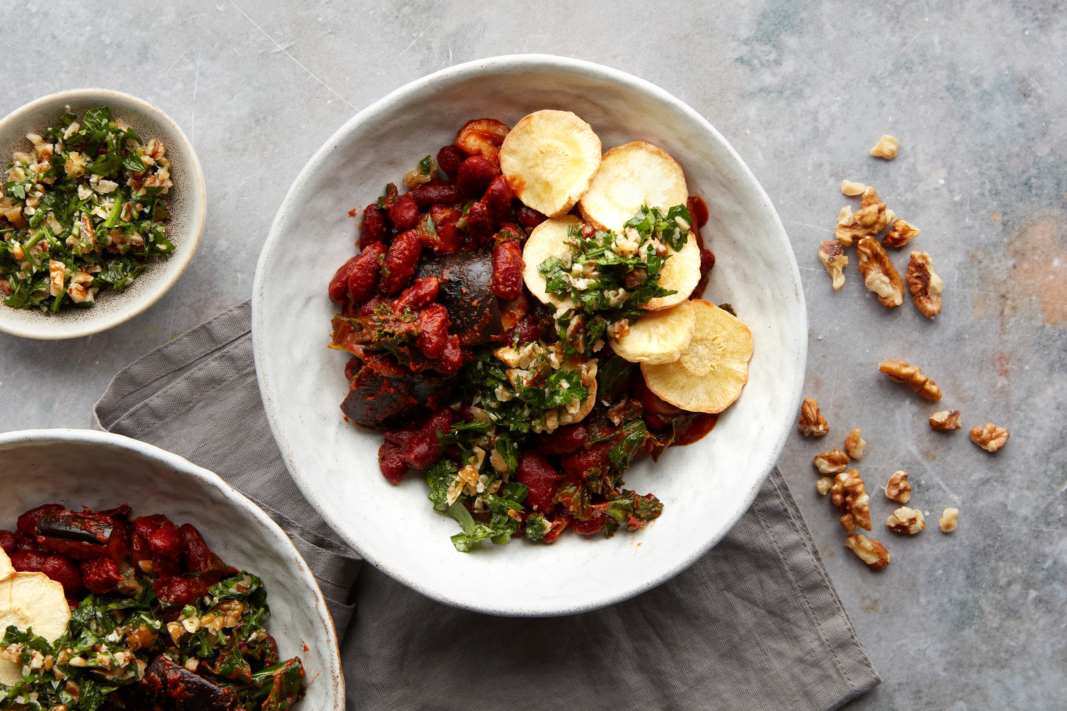 Kidney Bean Stew, Parsnip Crisps & Walnut Pesto
