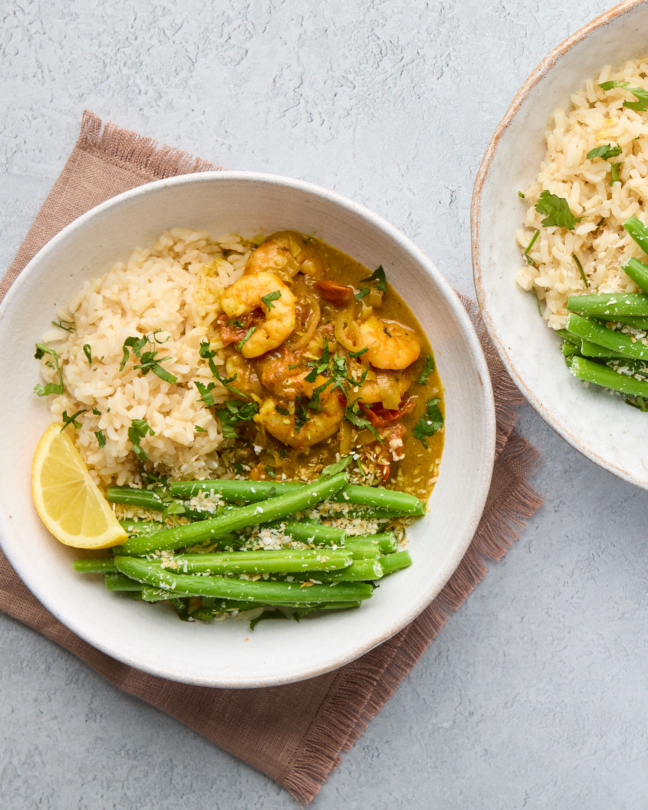 King Prawn Pasanda with Brown Rice & Coconut Green Beans