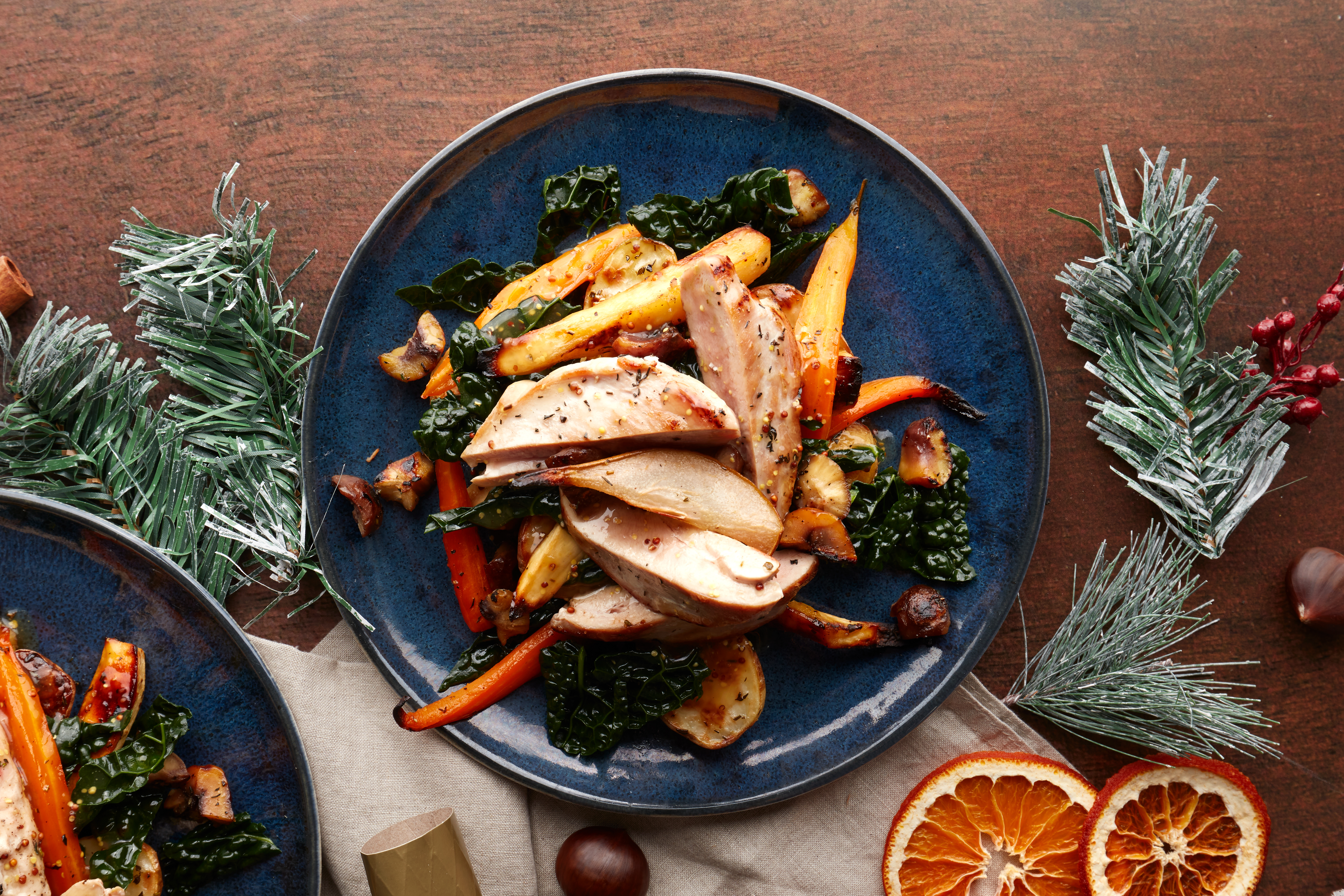Partridge with roasted carrots, pear & chestnuts