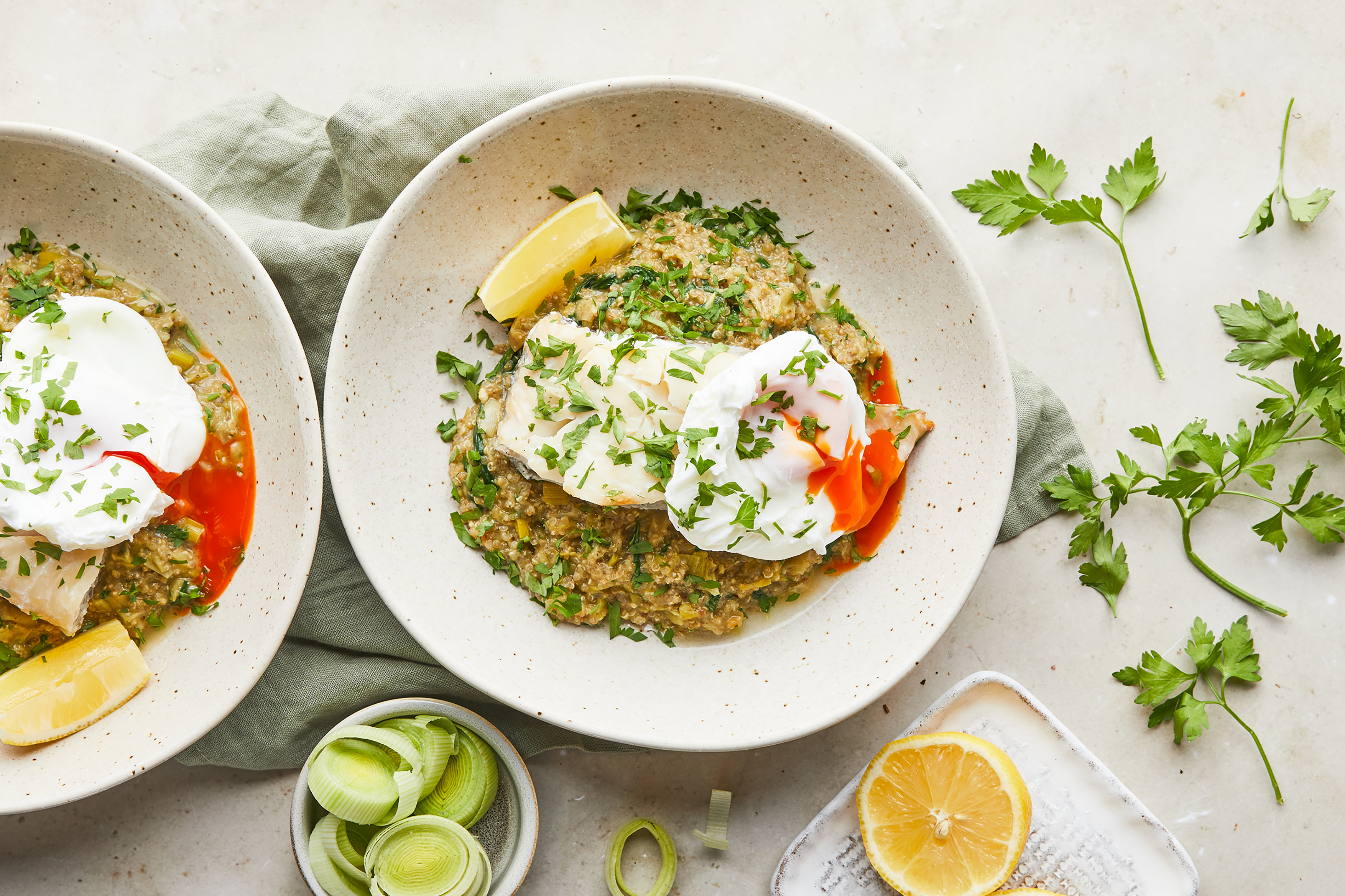 Baked Cod, Poached Egg & Pesto Quinoa