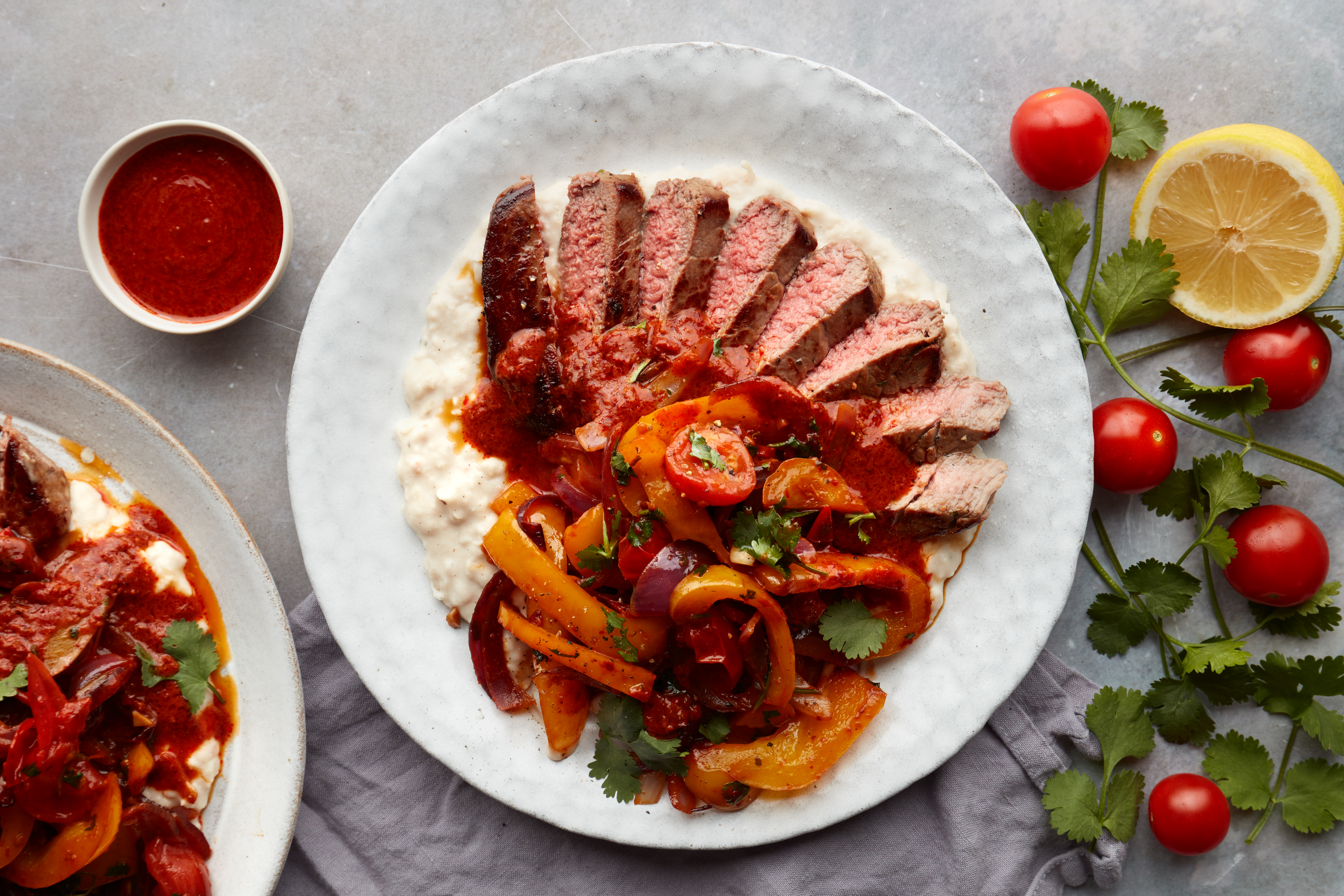 Denver Steak, Creamy Bean Mash & Harissa Veg