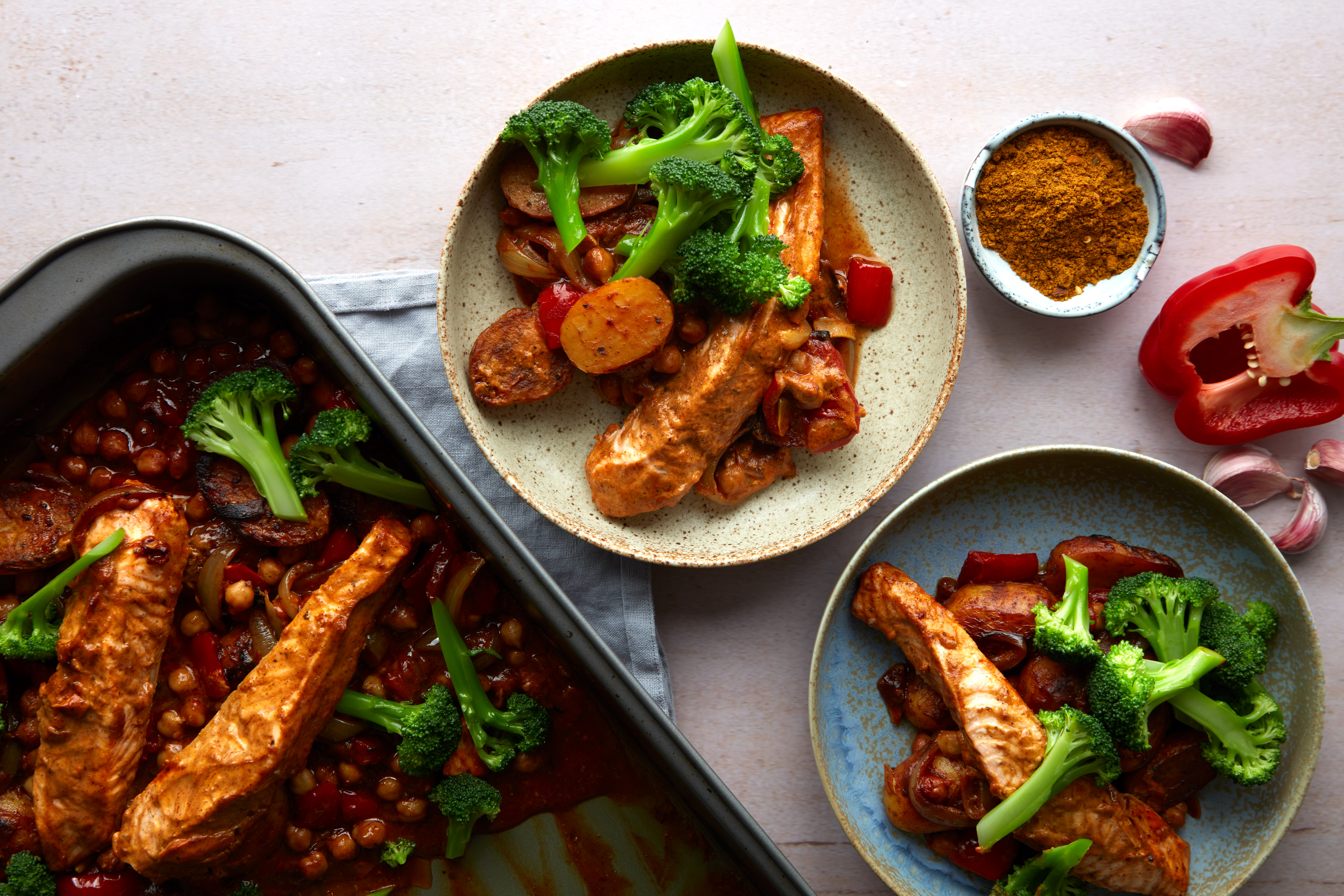 Trout Tikka Masala & Curried Veg Traybake