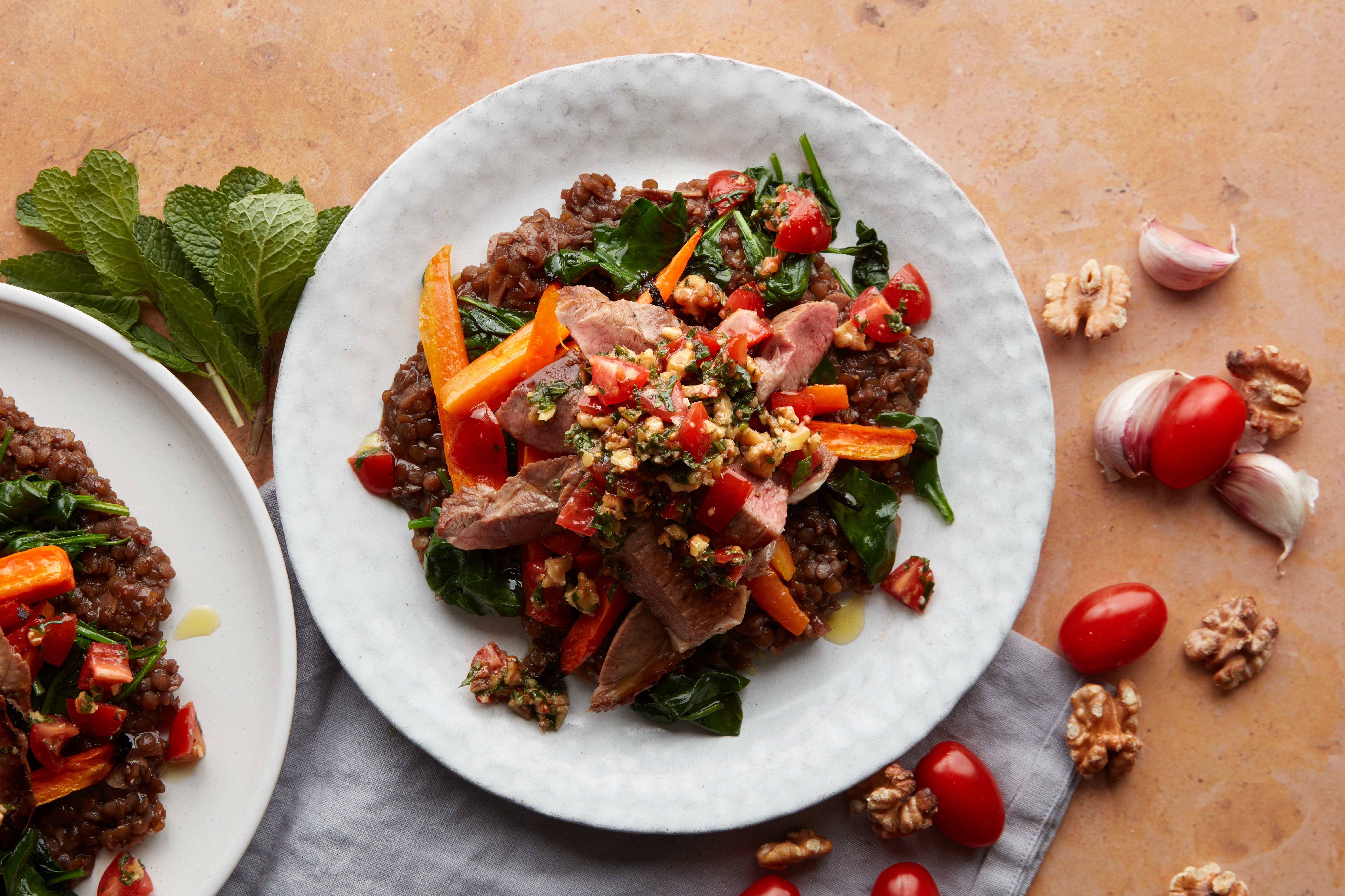 Lamb with Spiced Lentils & Walnut Tomato Salsa