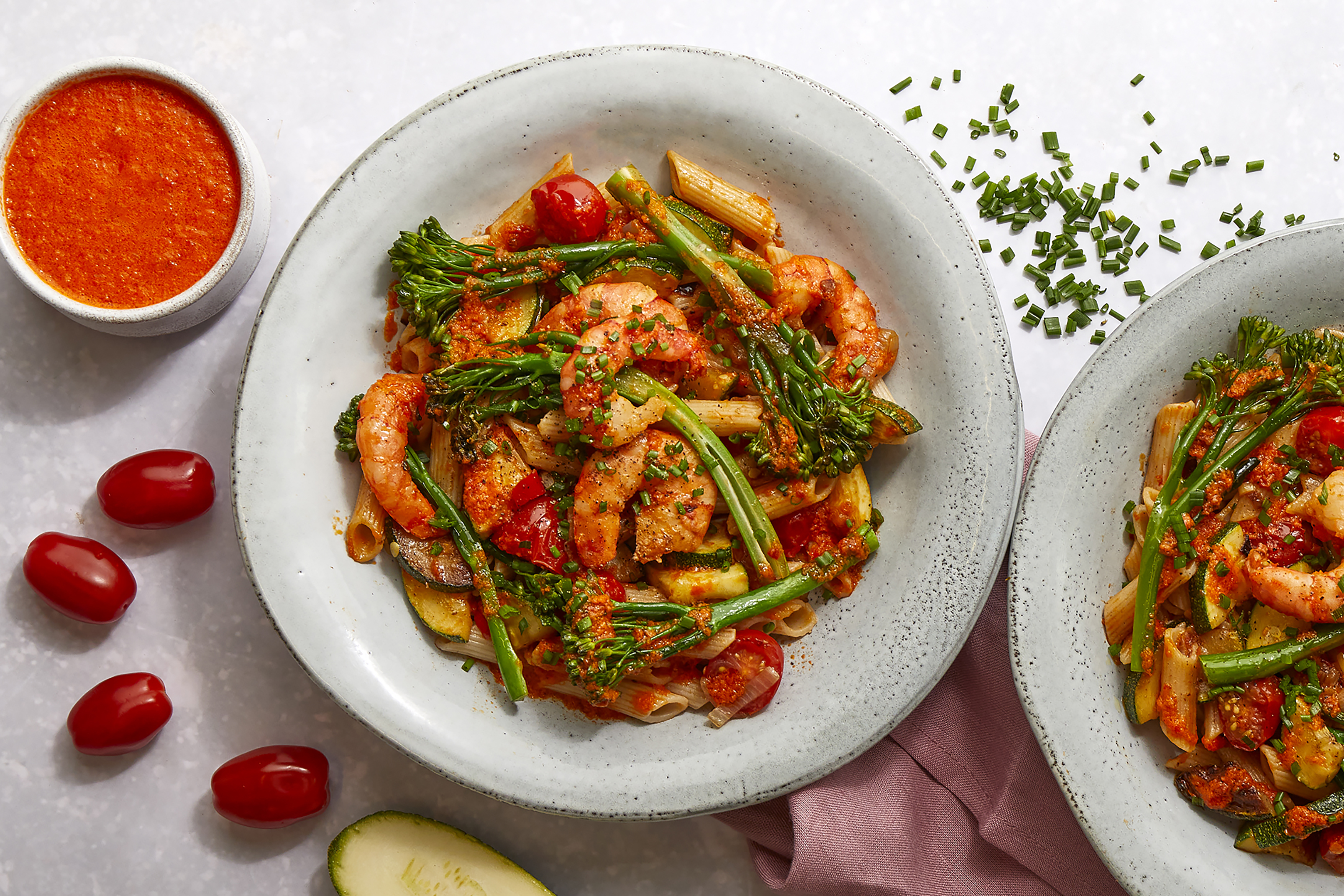 Romesco & Garlic Tiger Prawn Penne