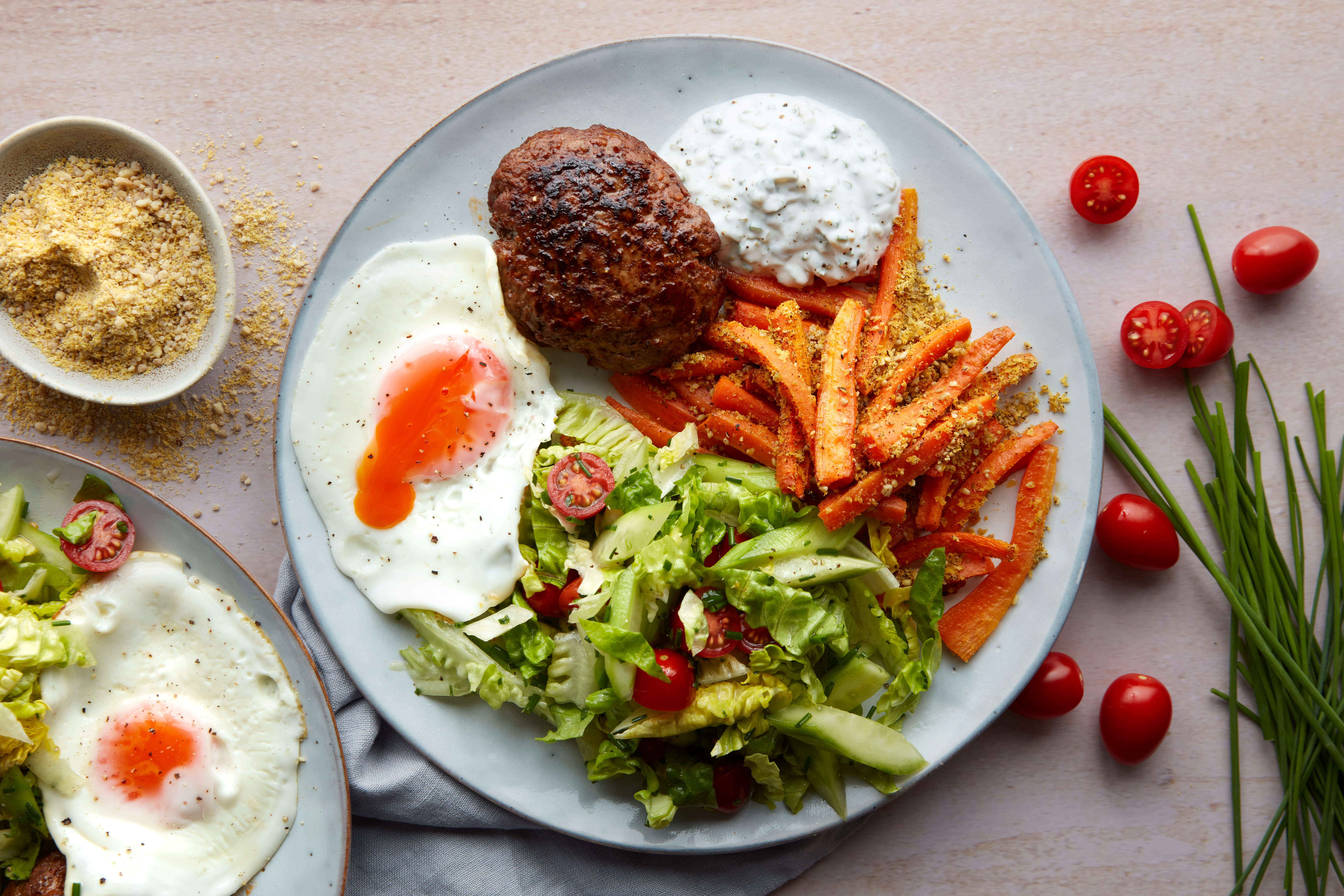 Beef Burger with Fried Egg & Cheezy Vegetable Fries