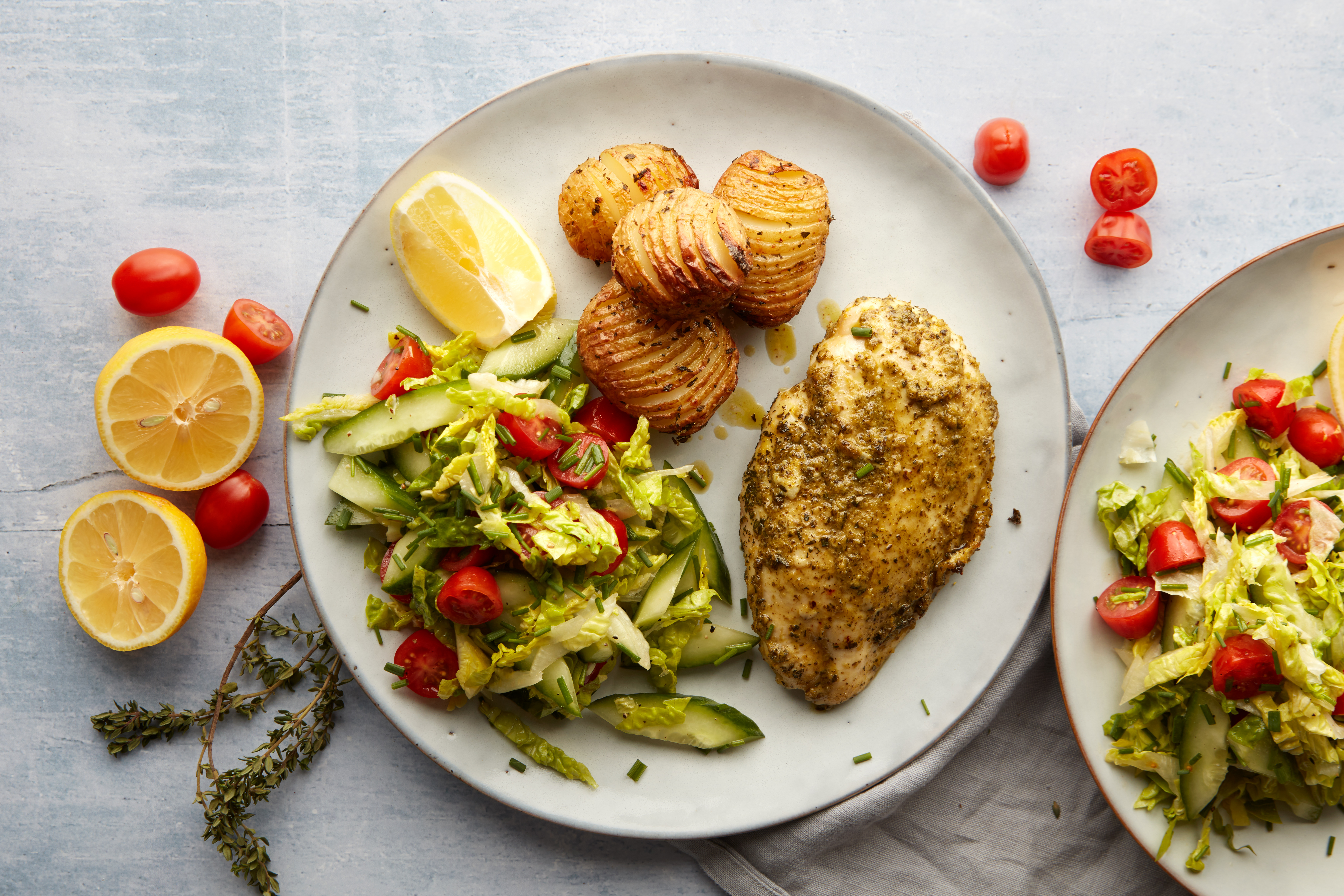 Pesto Chicken with Hasselback Potatoes & Salad
