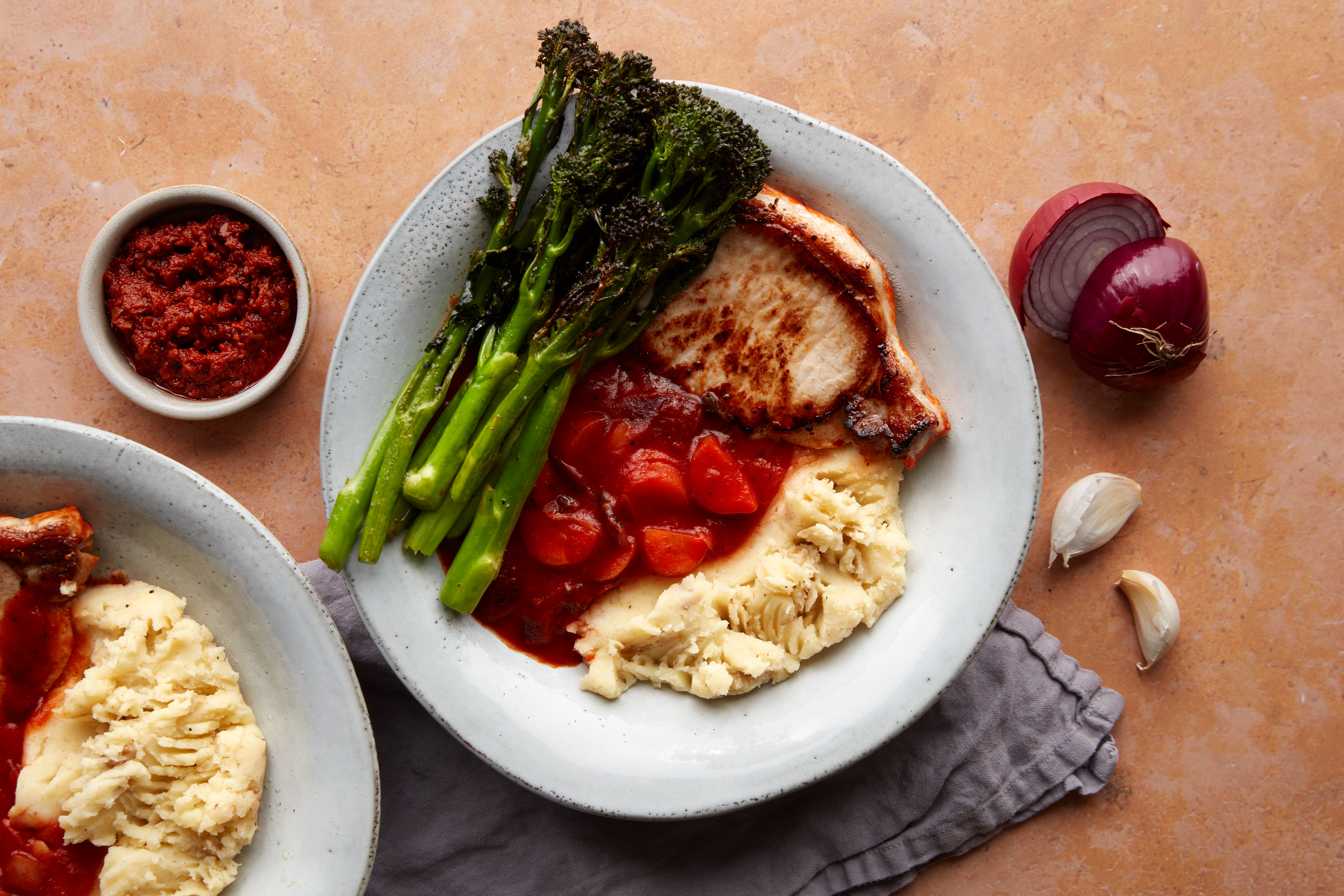 Juicy Pork Loin with Harissa Tomato Sauce & Mash