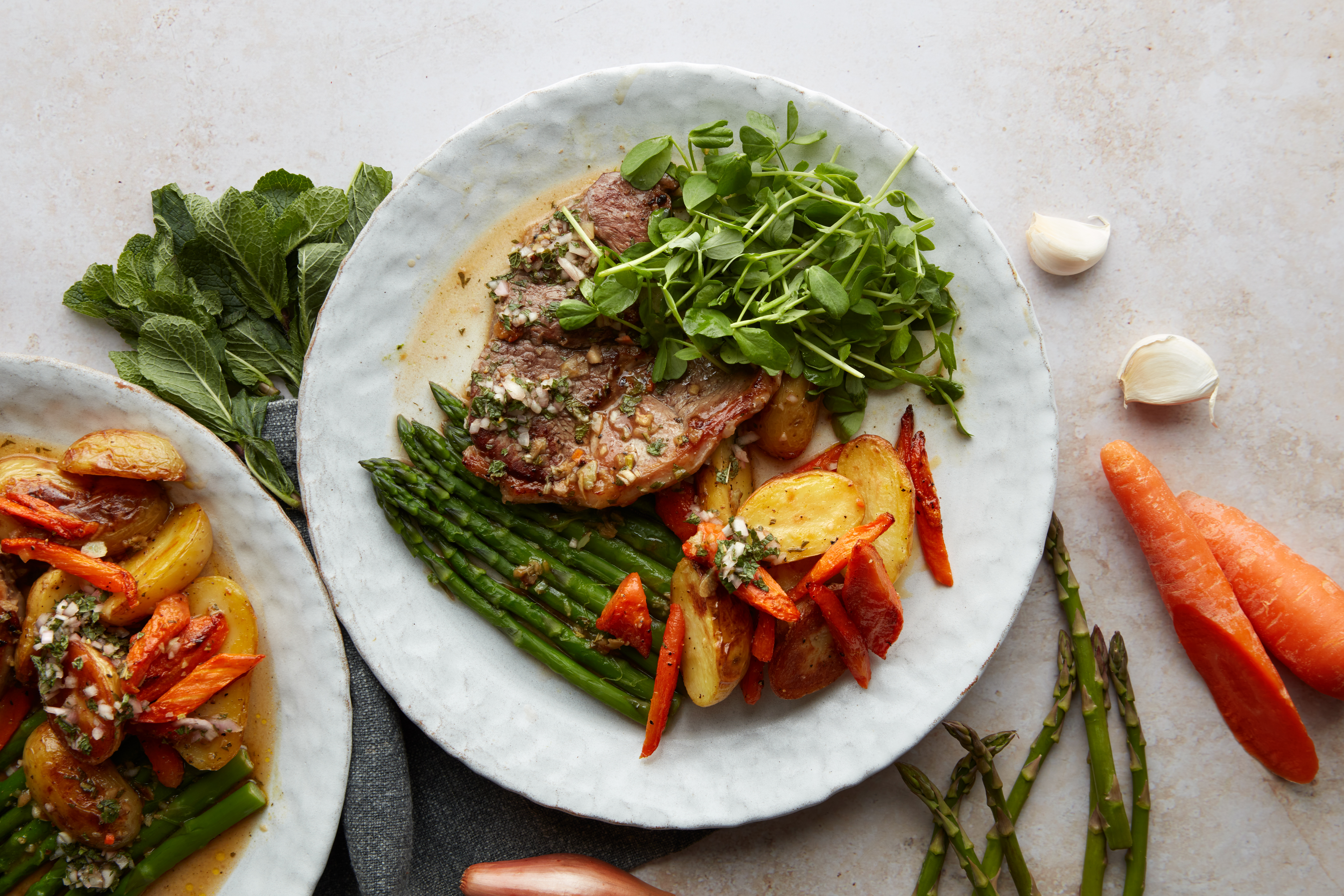Spring lamb, asparagus & roasted jersey royals