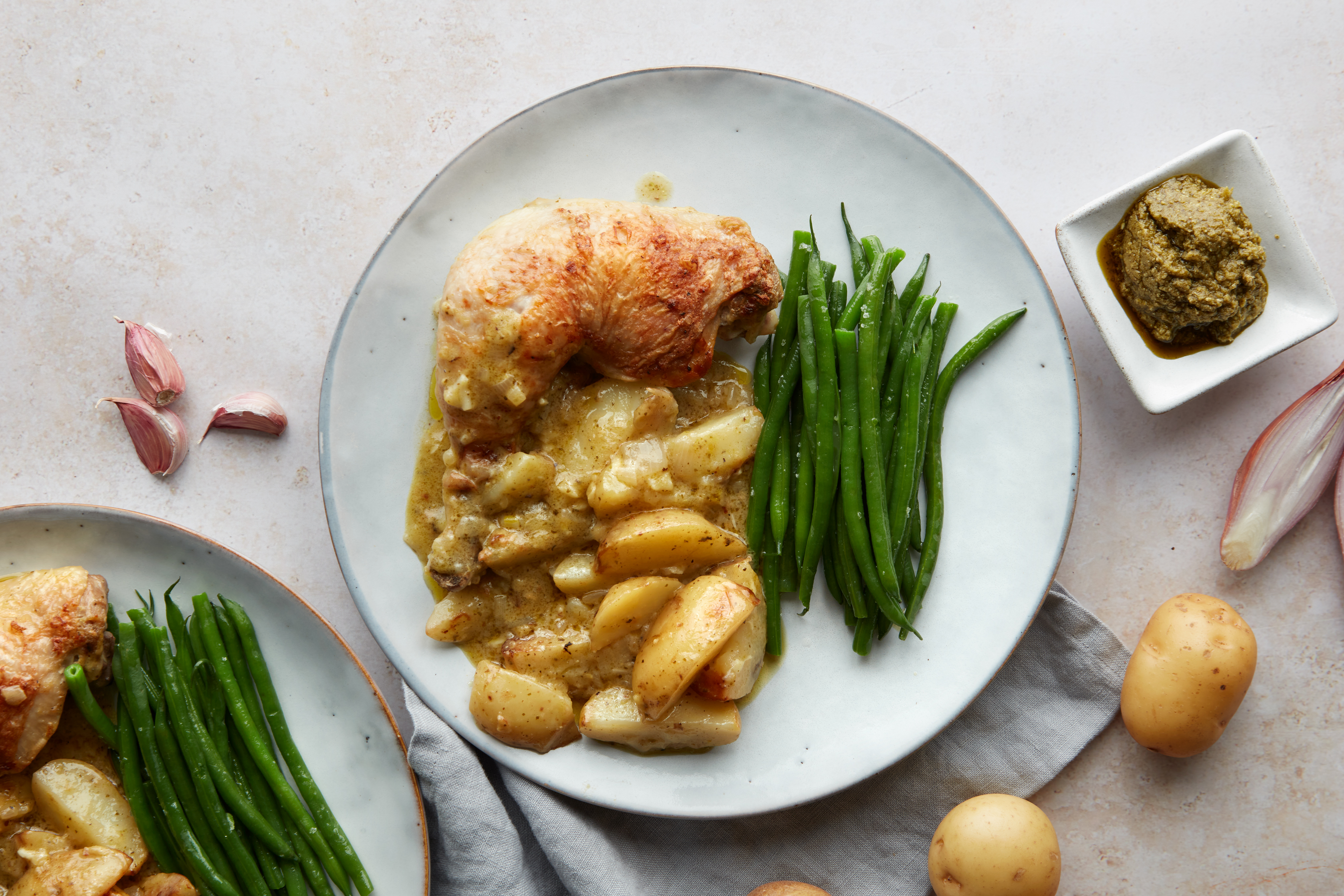 Creamy pesto chicken with jersey royals & green beans