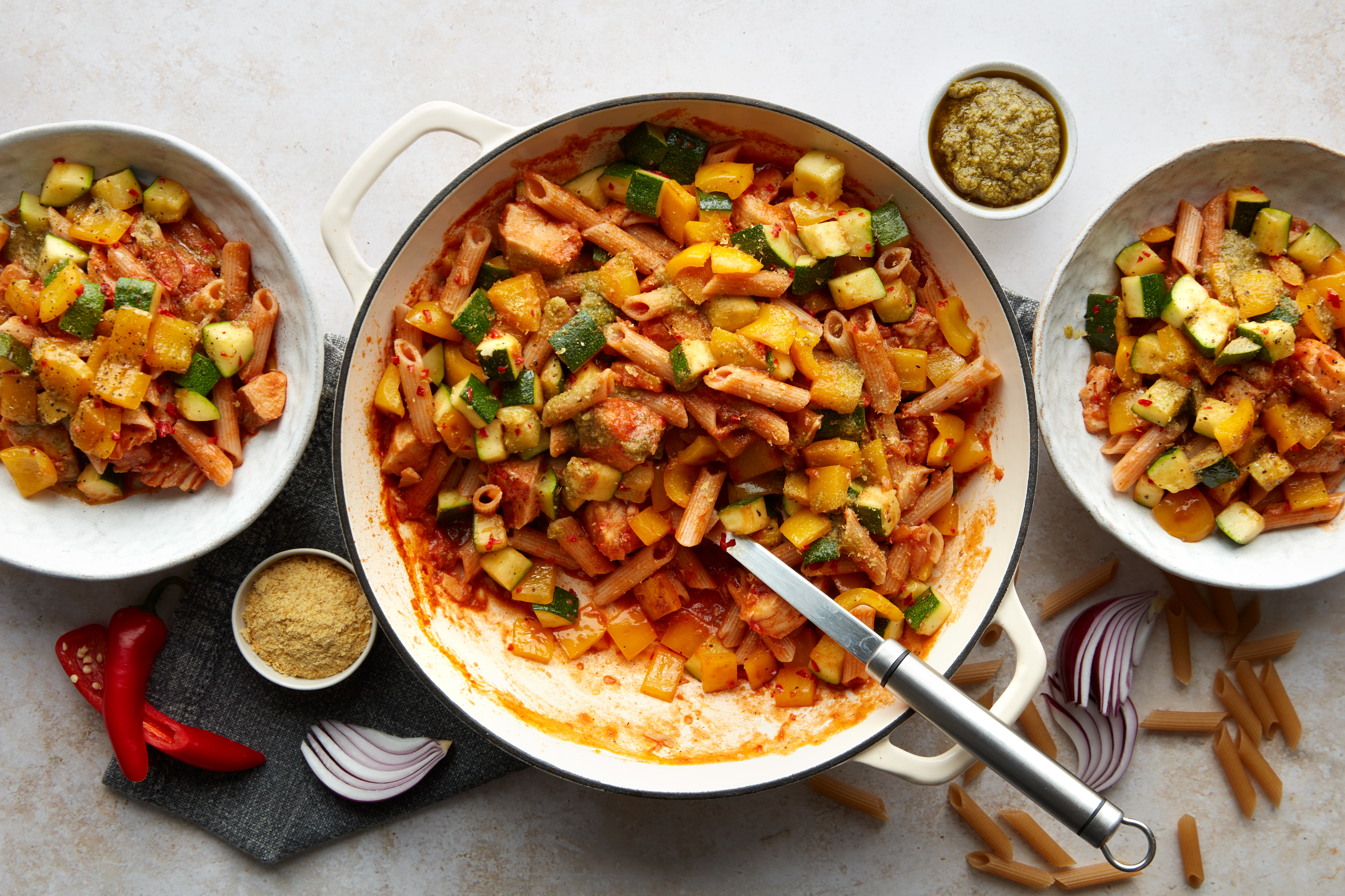 Pesto cod penne with Mediterranean vegetables