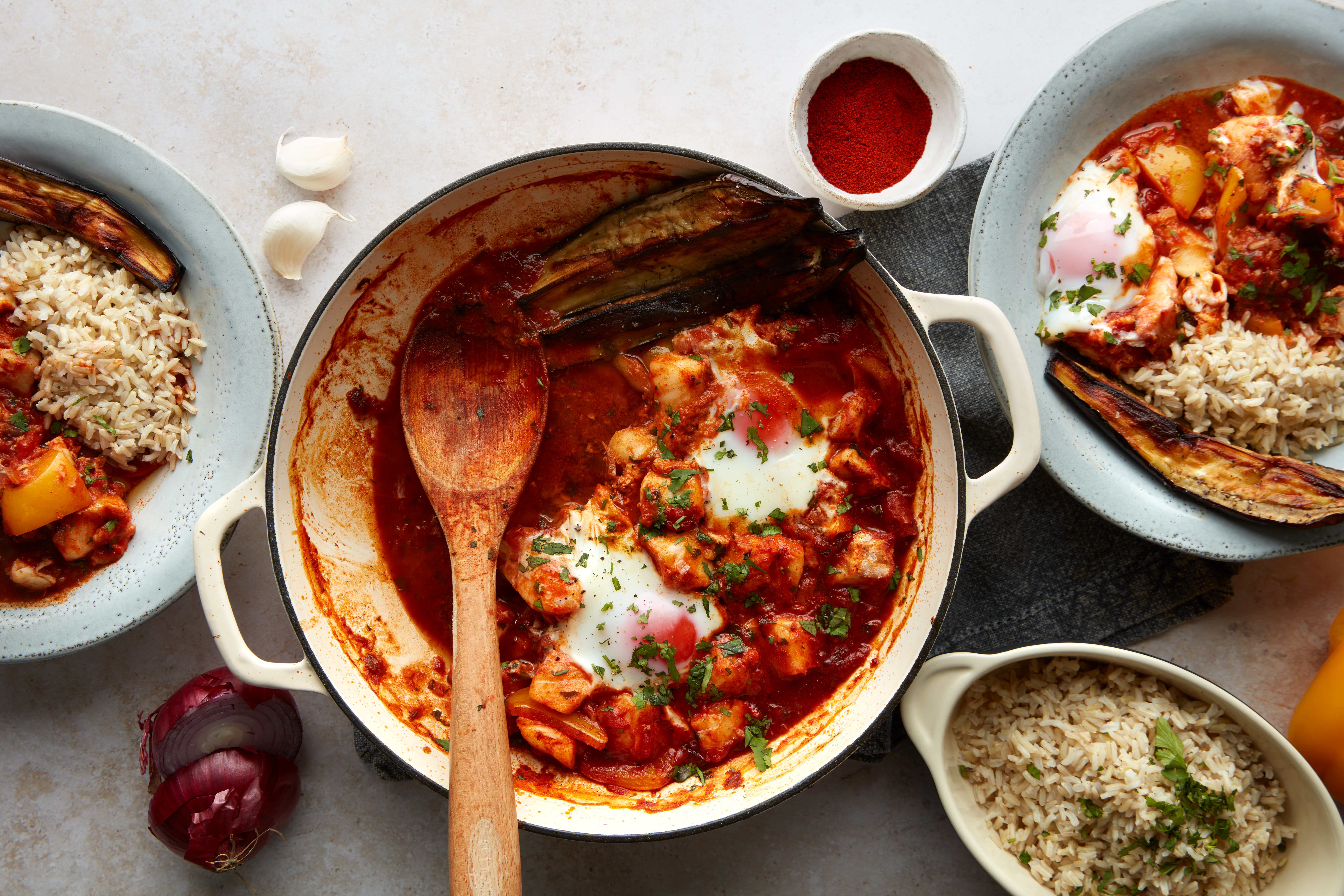 Hake Shakshuka with Rice & Roasted Aubergine