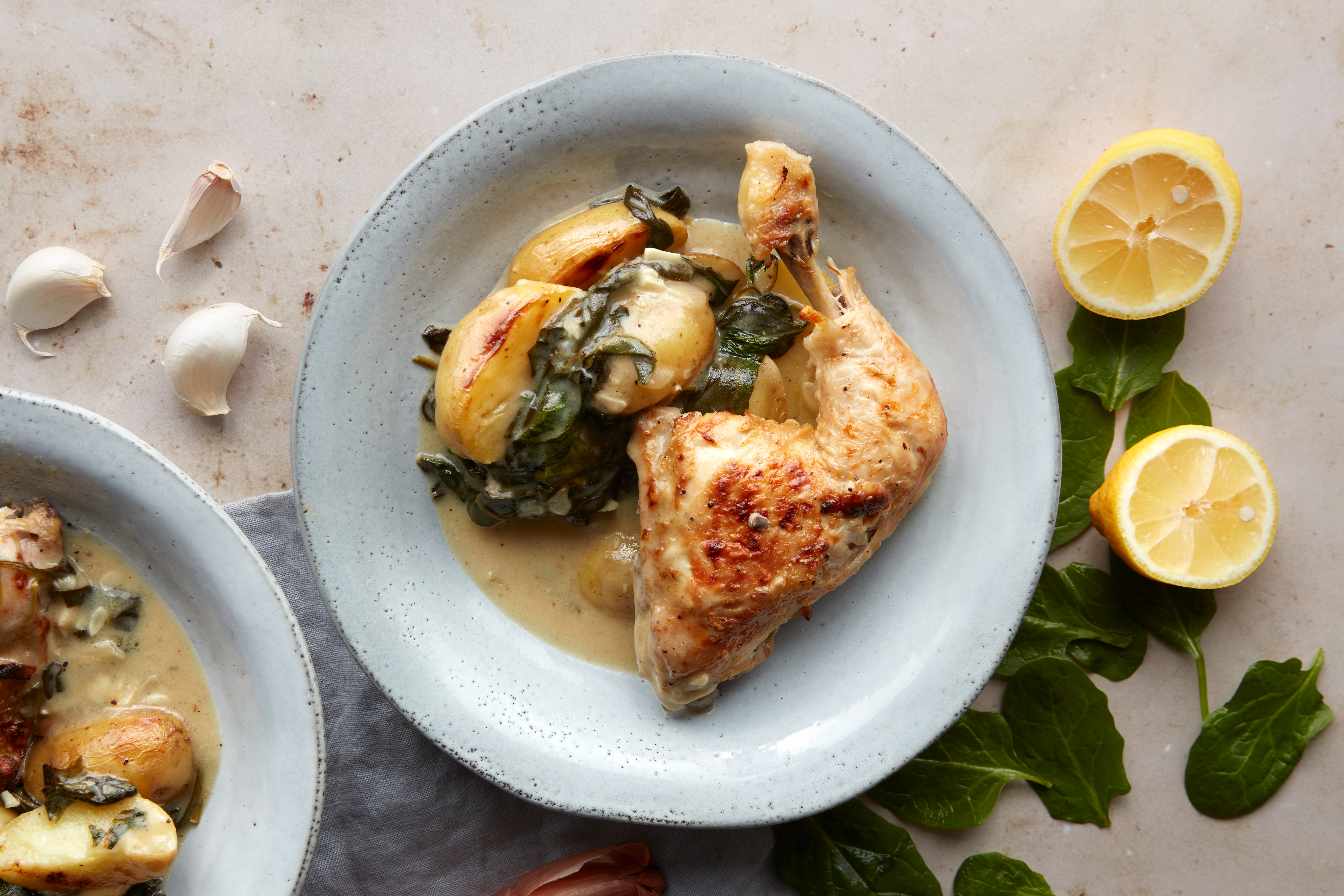 Lemon & garlic chicken in a creamy spinach sauce.