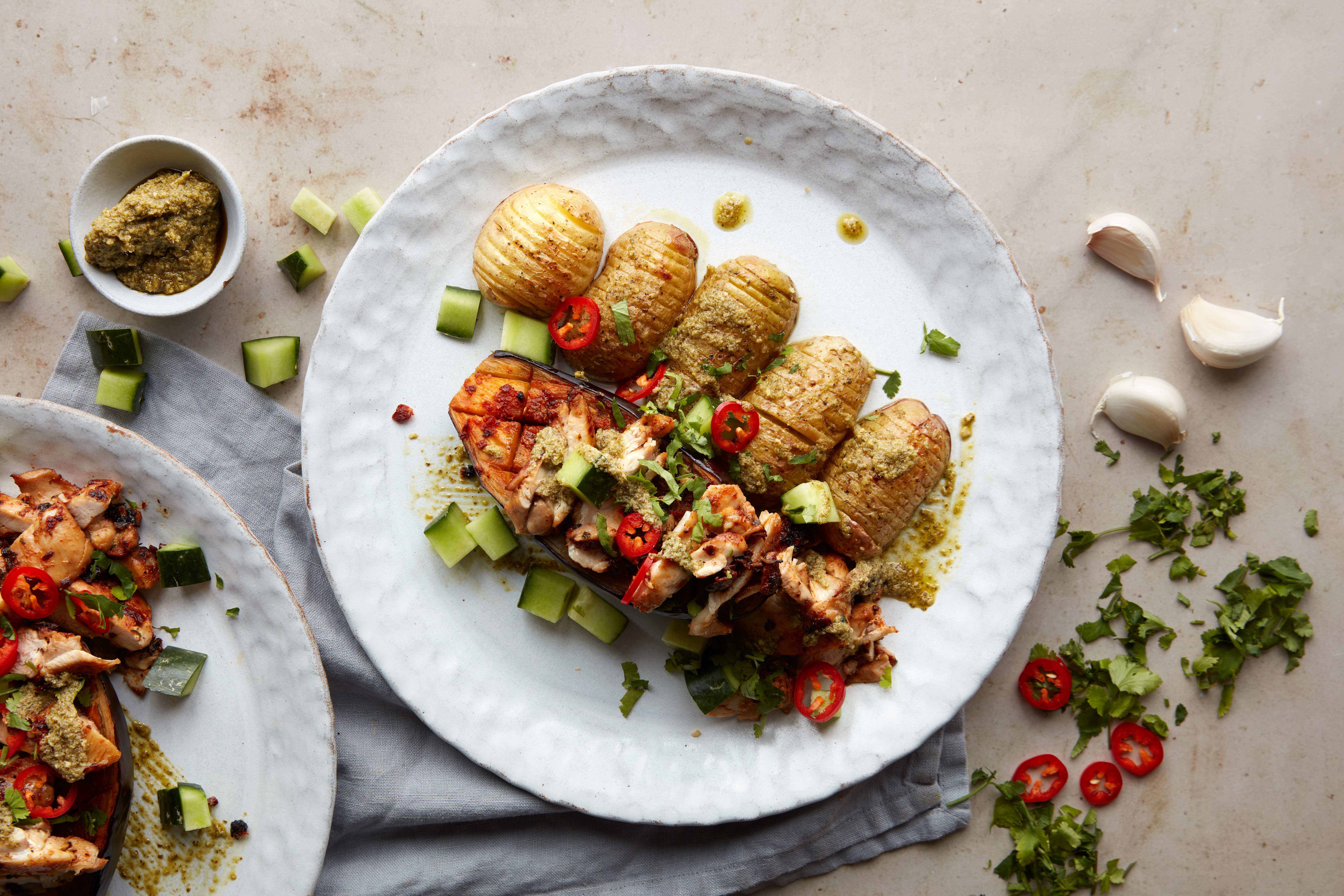 Harissa roasted aubergine with garlic & chilli chicken