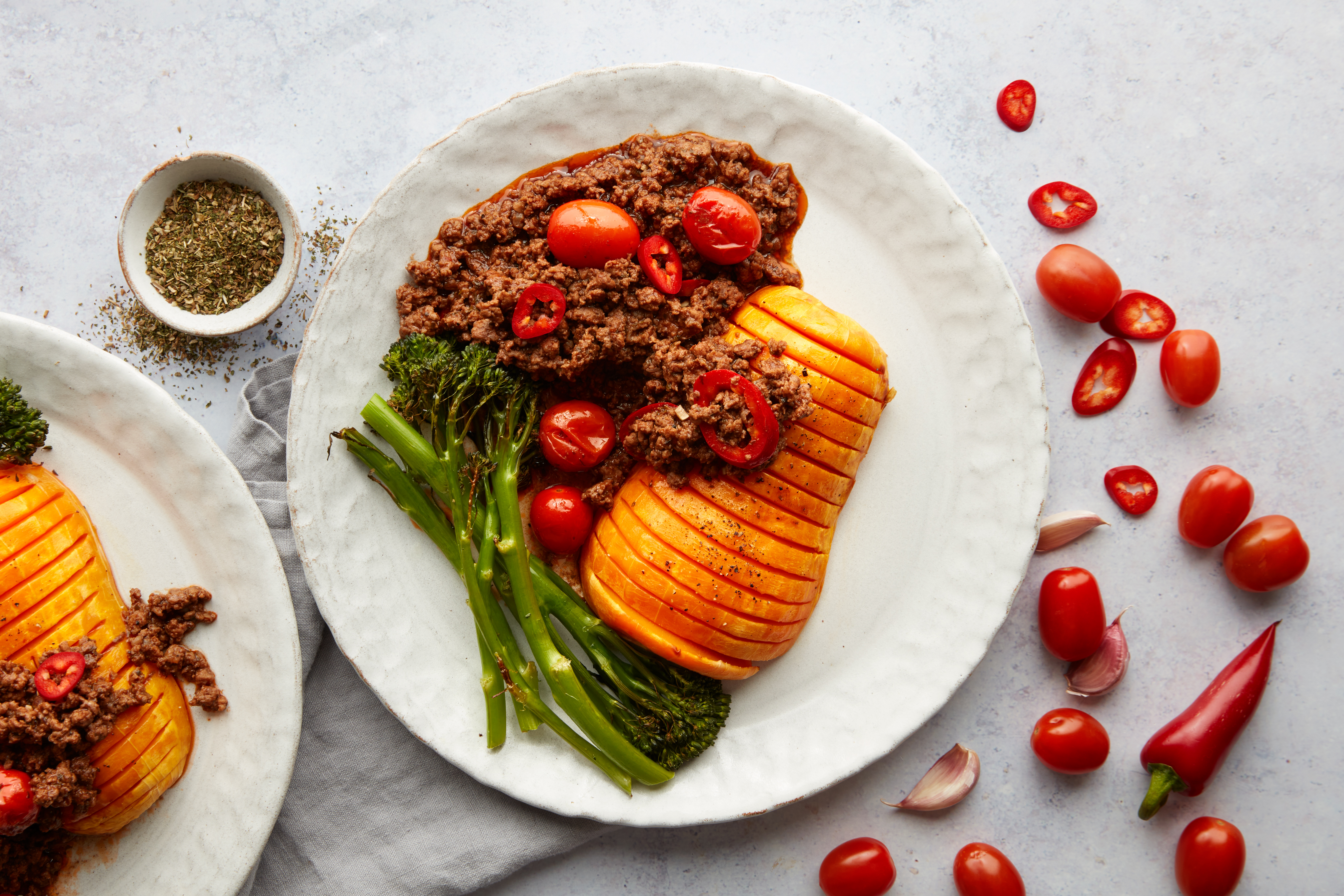 Spicy beef mince with hasselback squash
