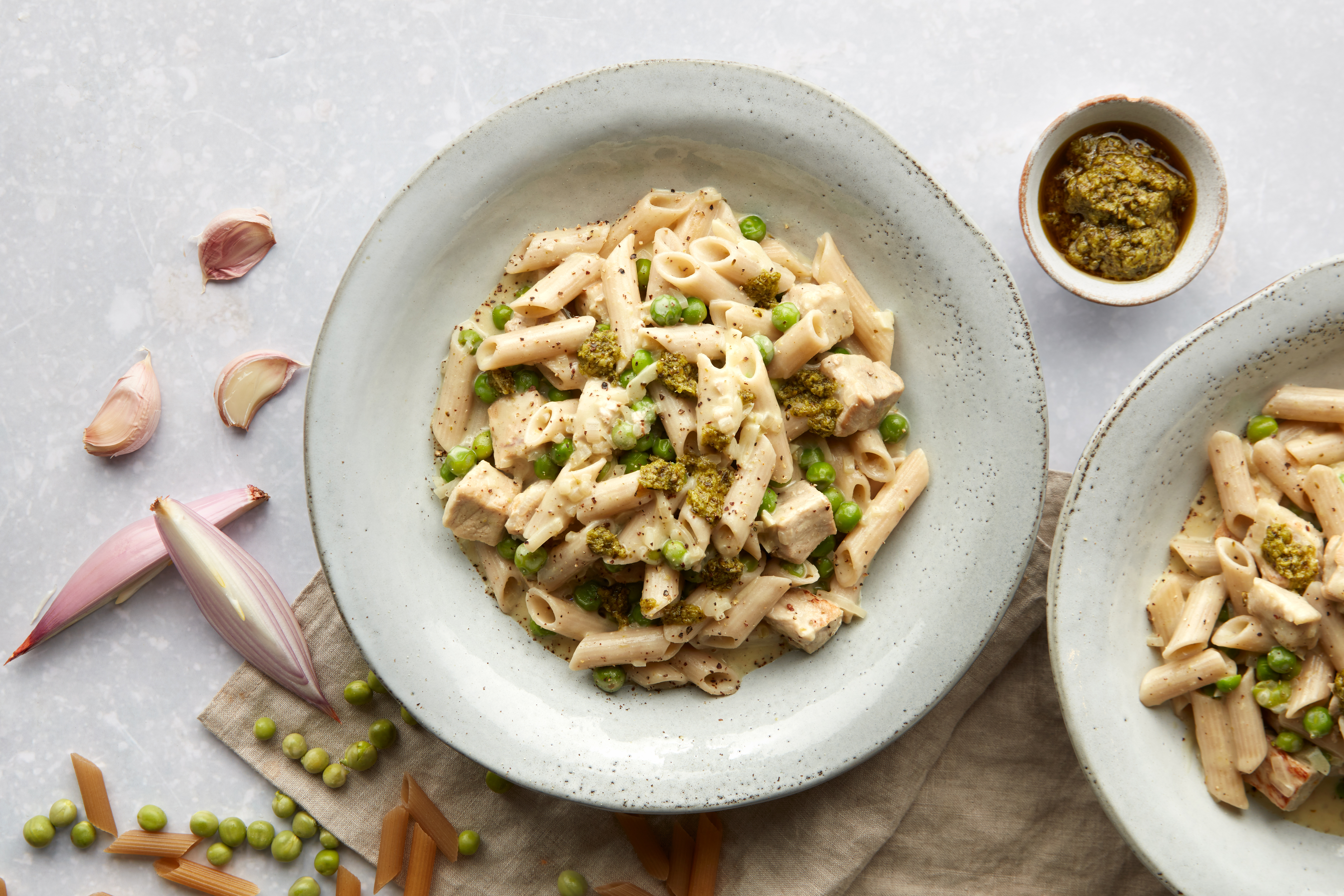 Pesto chicken penne with peas