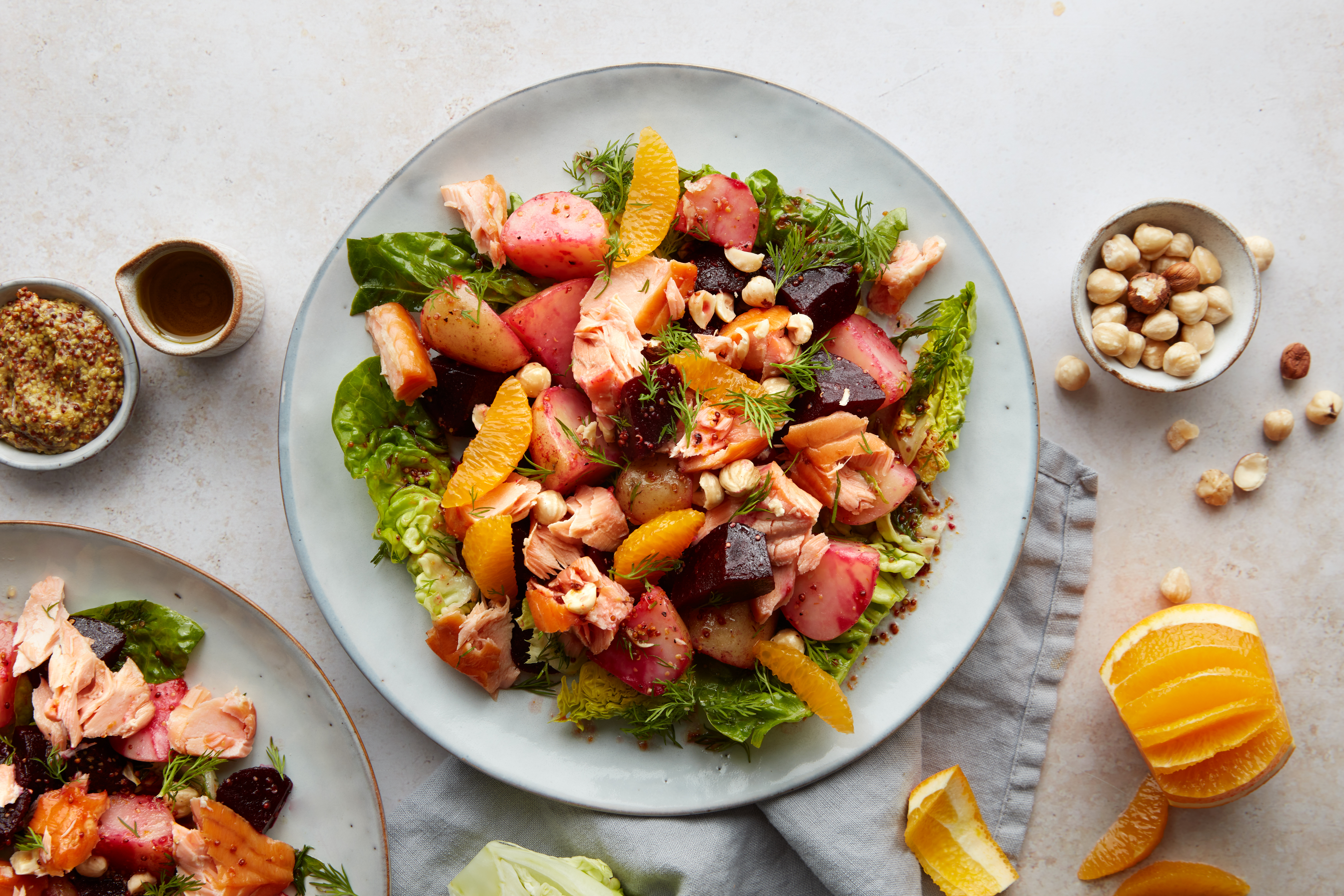 Hot-smoked salmon with hazelnut & beetroot salad