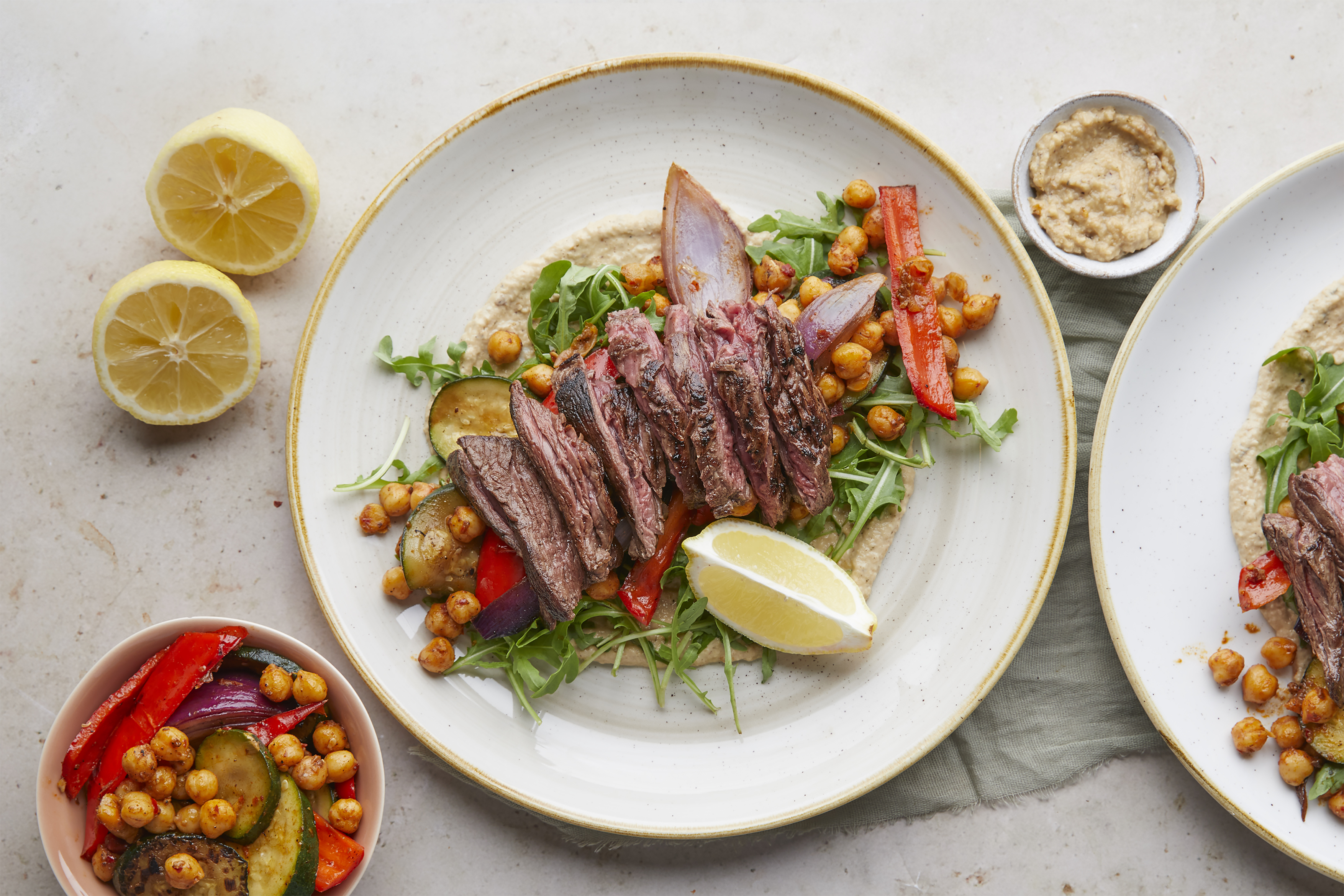 Warm ezme chickpea salad with seared steak