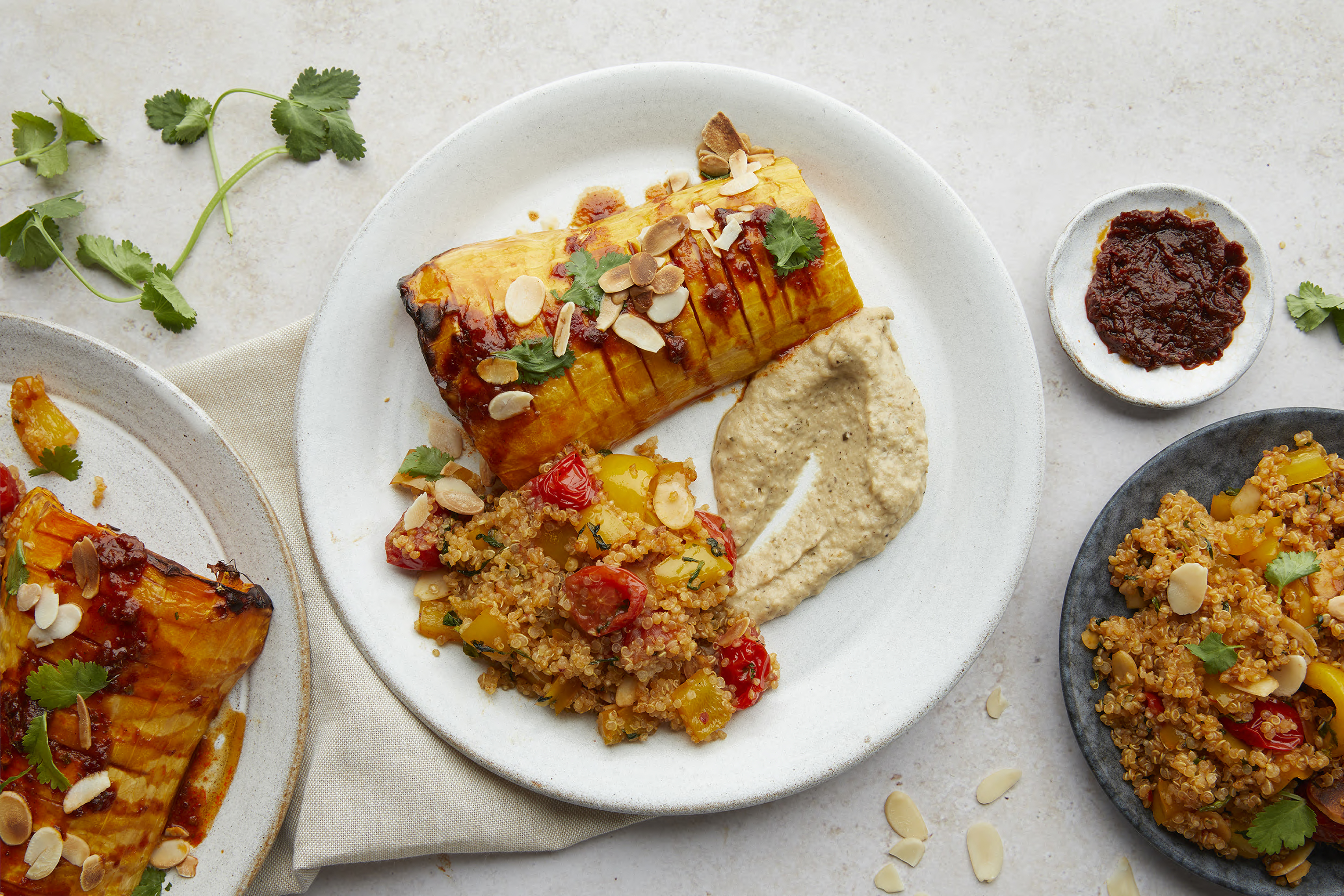 Hasselback Squash with Harissa Quinoa & Baba Ganoush