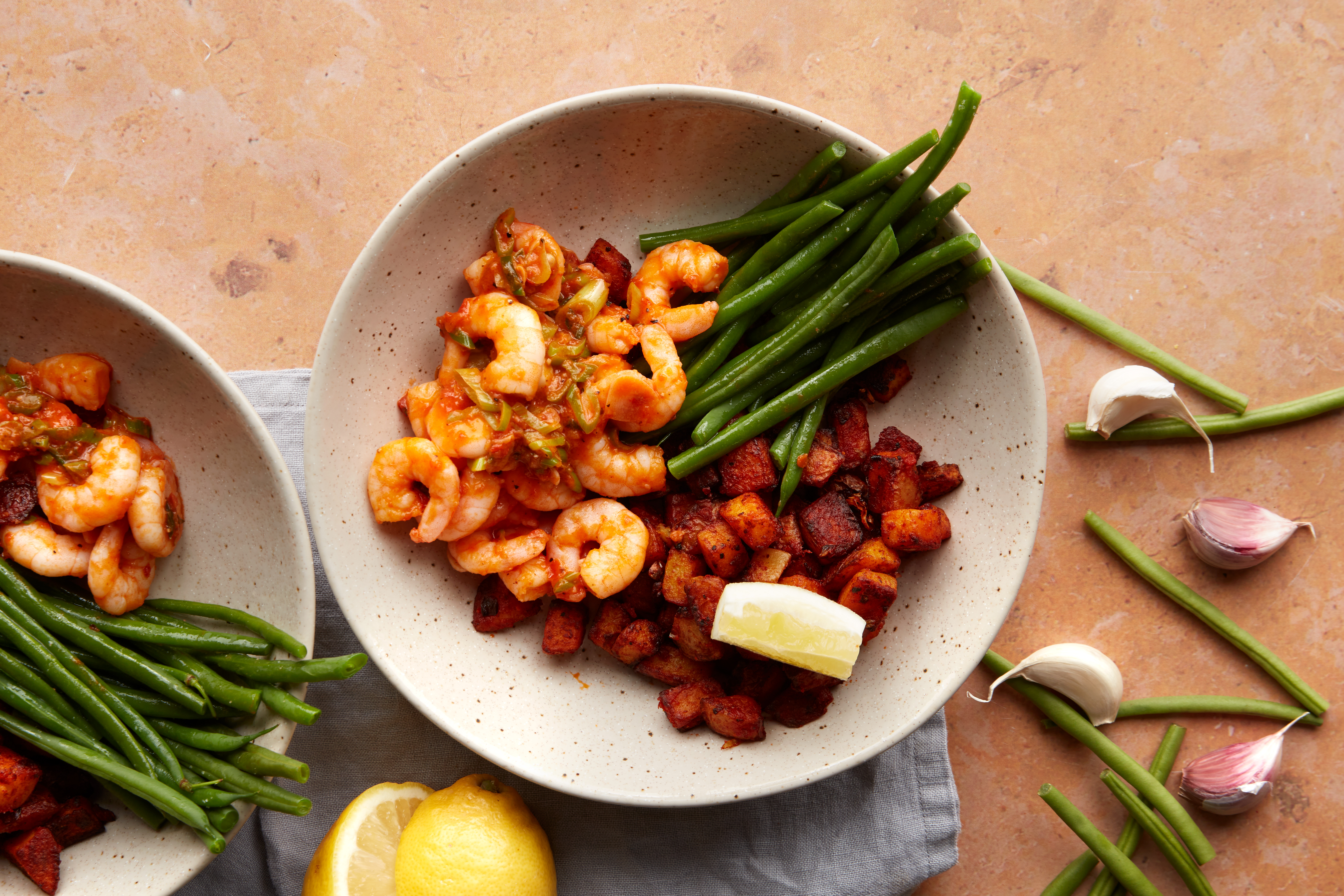 Garlicky Tiger Prawns with Patatas Bravas