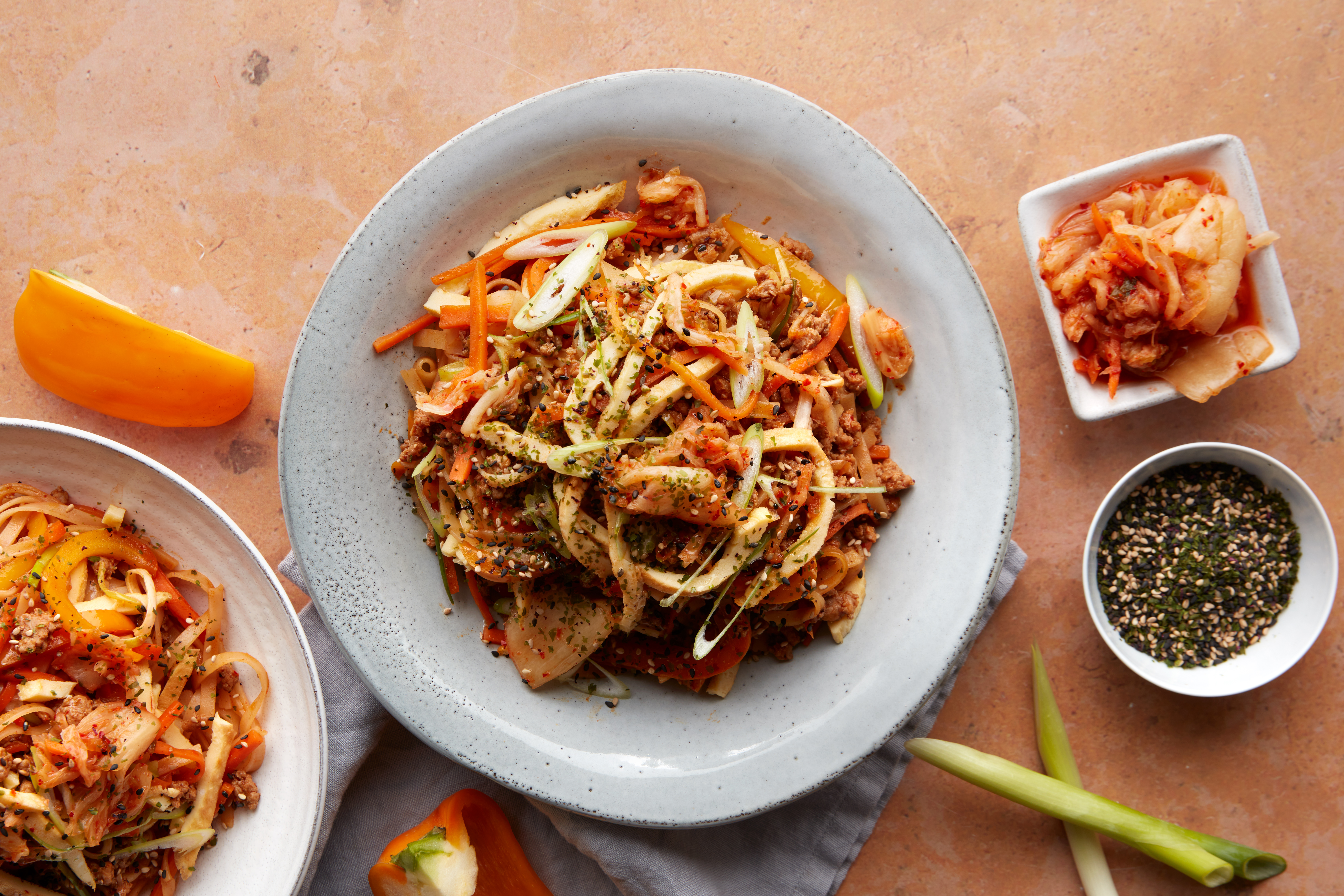 Korean bbq spiced turkey noodles with kimchi