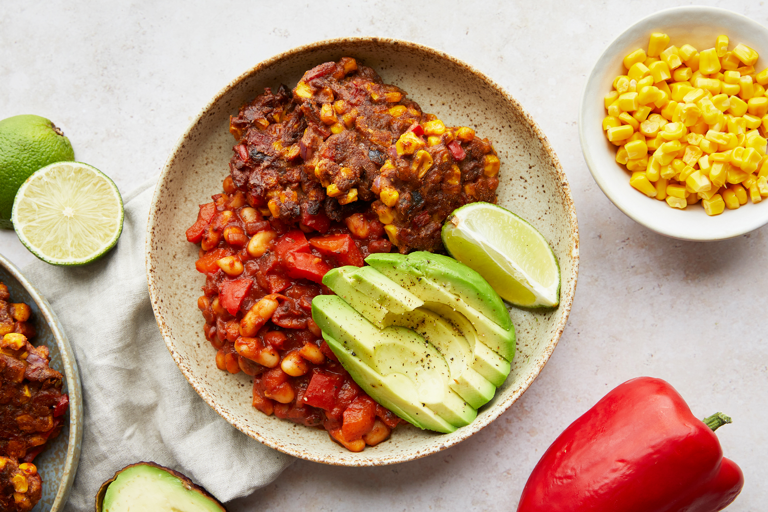 Spicy Barbecue Beans, Sweetcorn Fritters & Avo