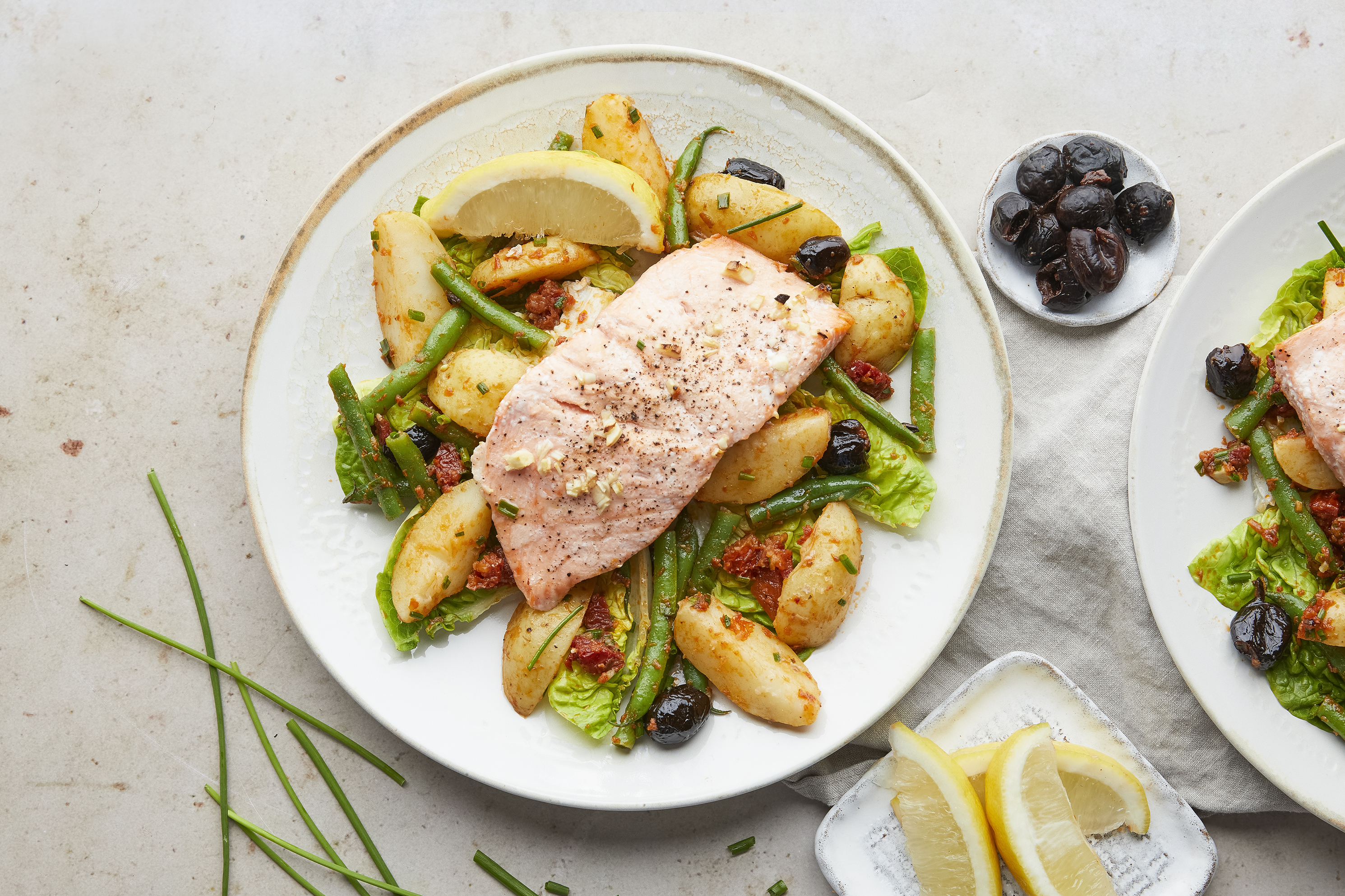 Trout niçoise with sundried tomatoes & lemon