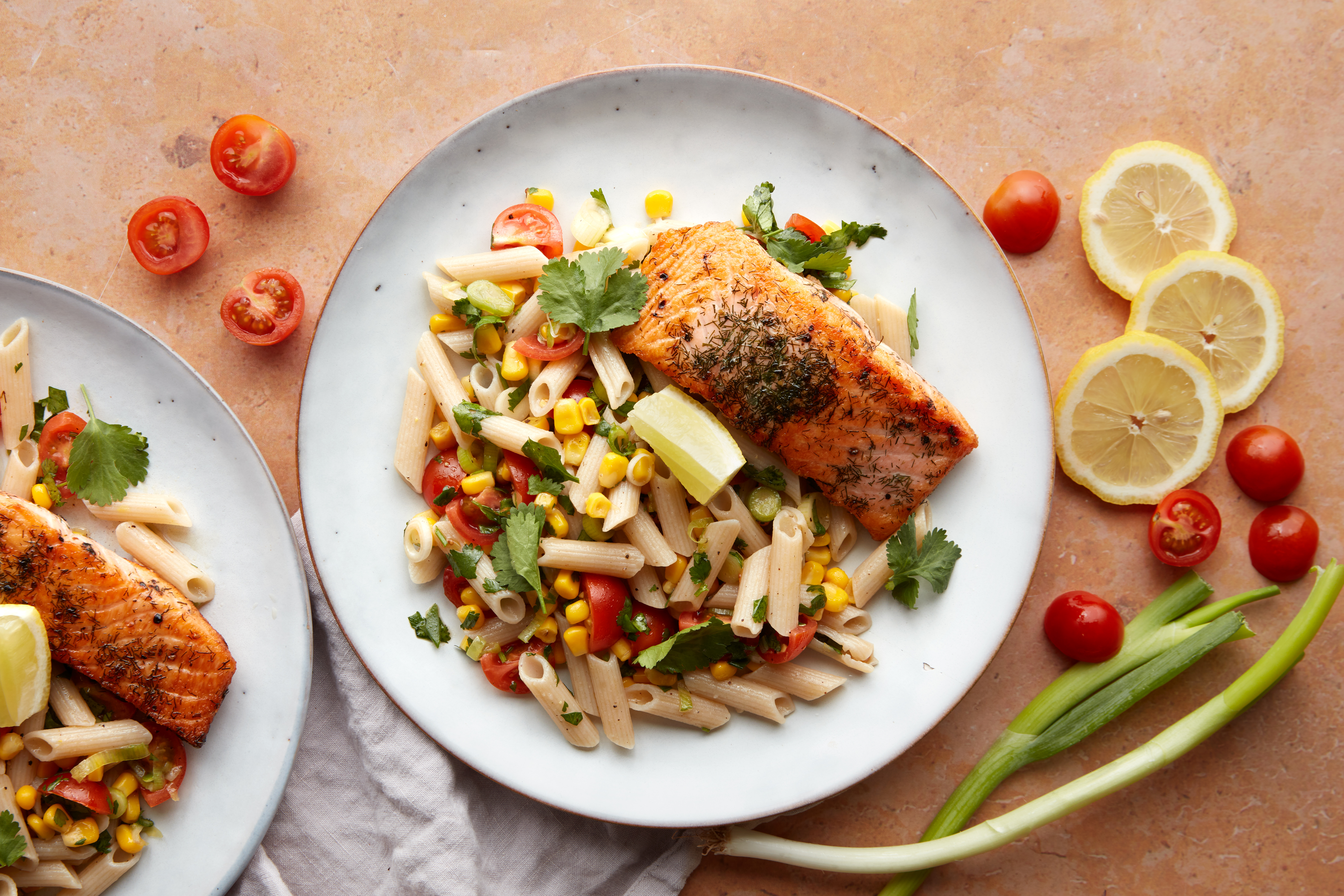 Dill marinated salmon with warm pasta salad
