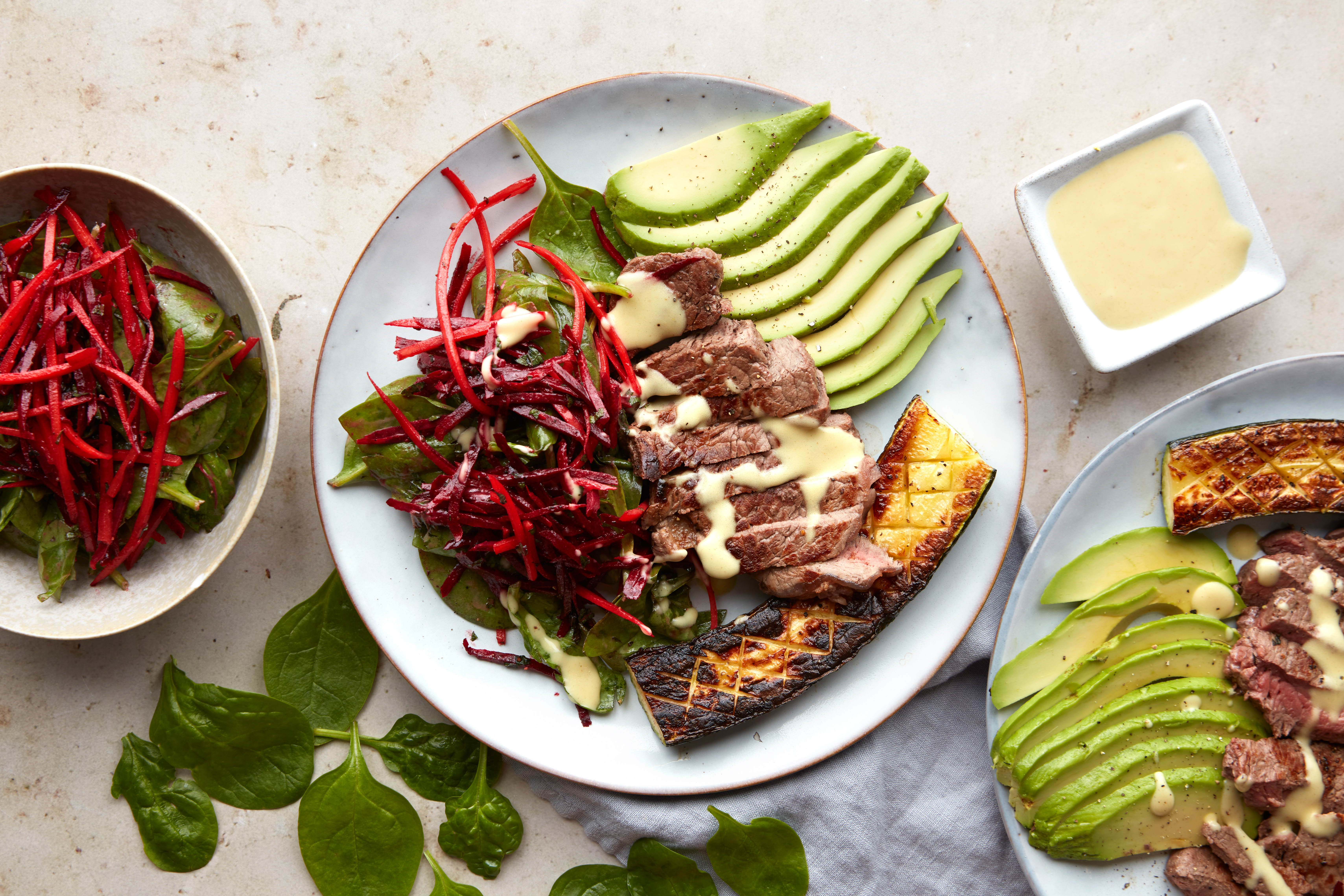 Flat iron steak with minted beetroot & courgette