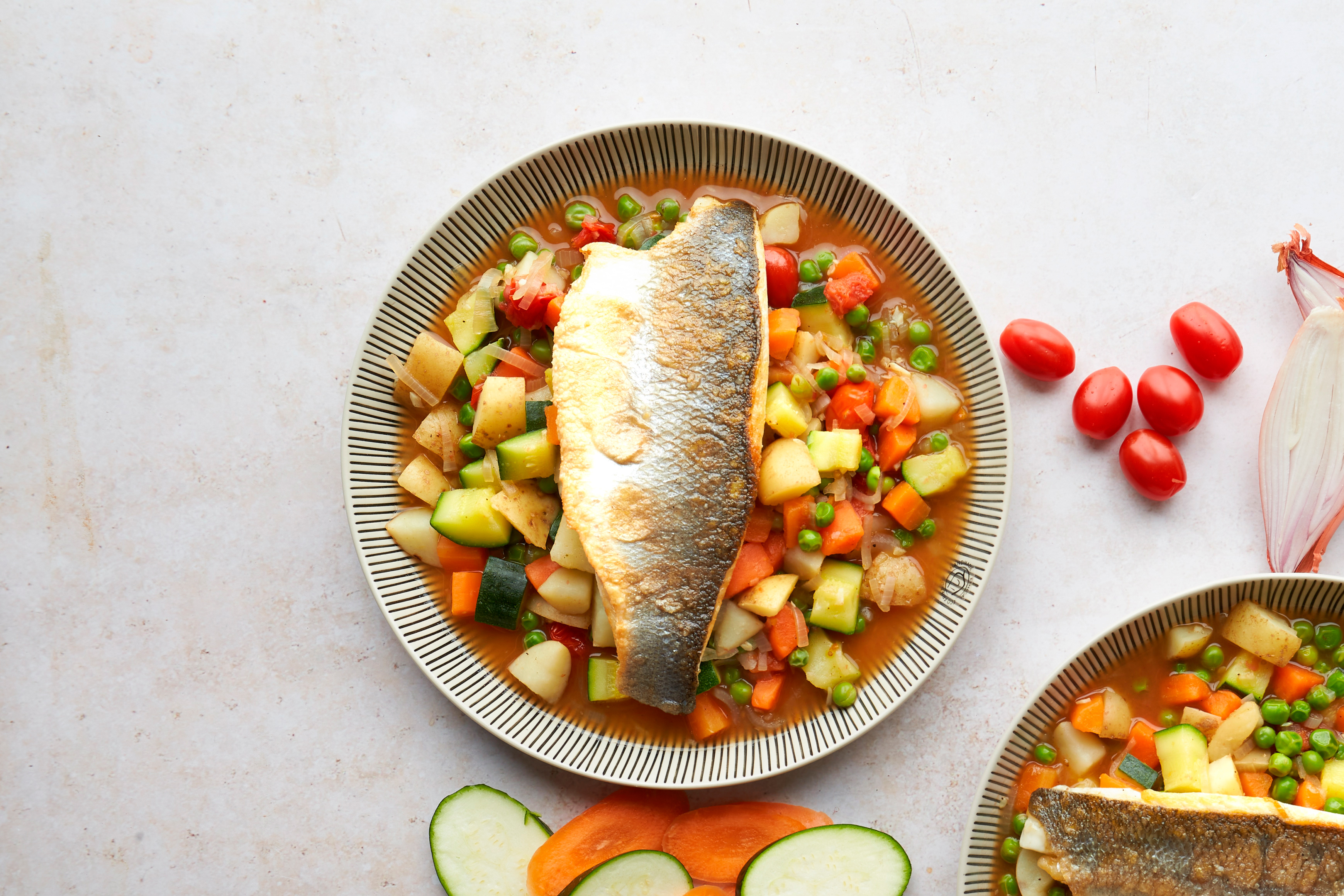 Sea bass with vegetable broth
