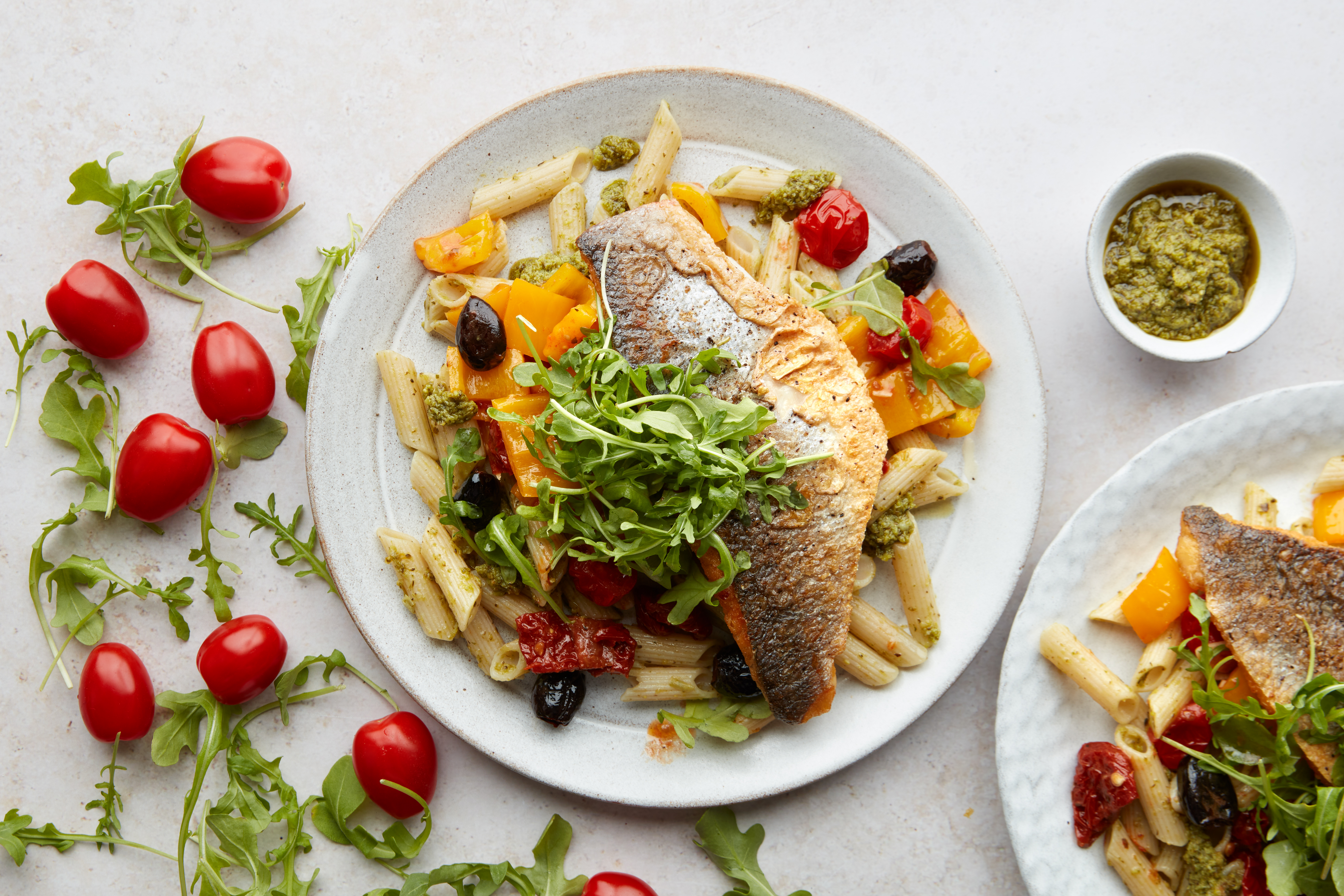 Mediterranean Sea Bass with Pesto Pasta