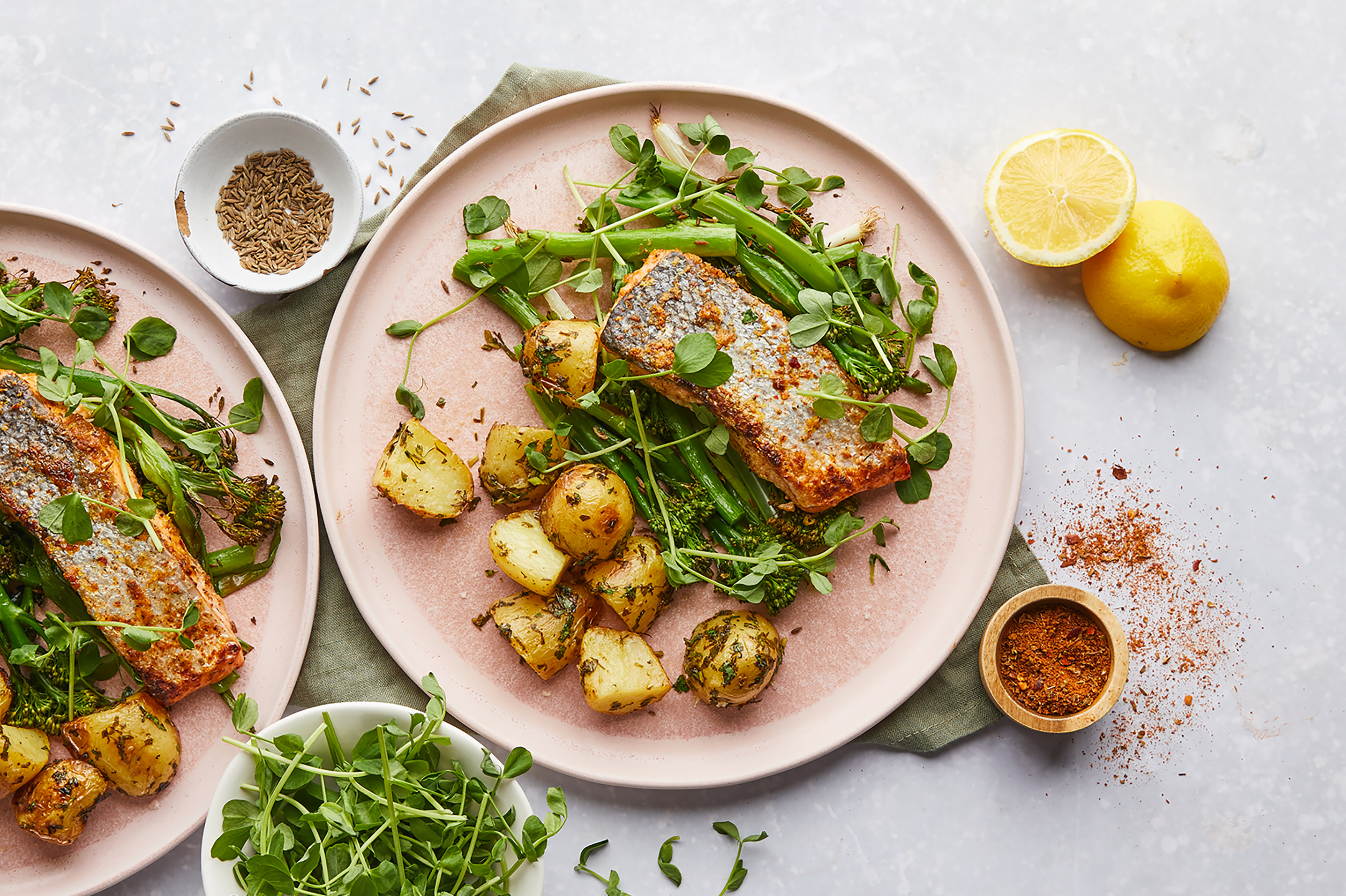 Cajun-spiced Salmon with Roast Veg & Potatoes