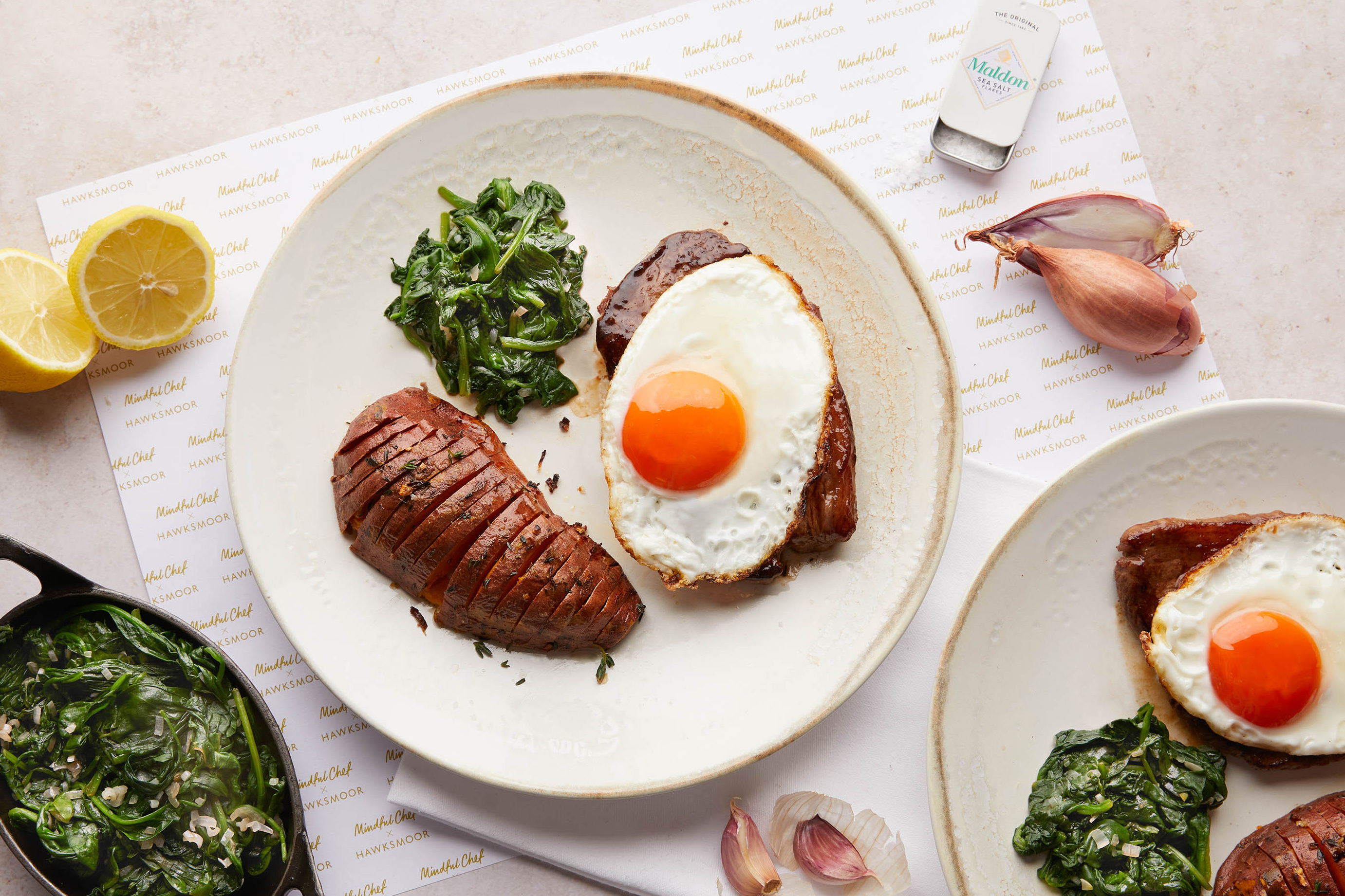 Rump steak & eggs with lemon spinach & thyme baked sweet potato