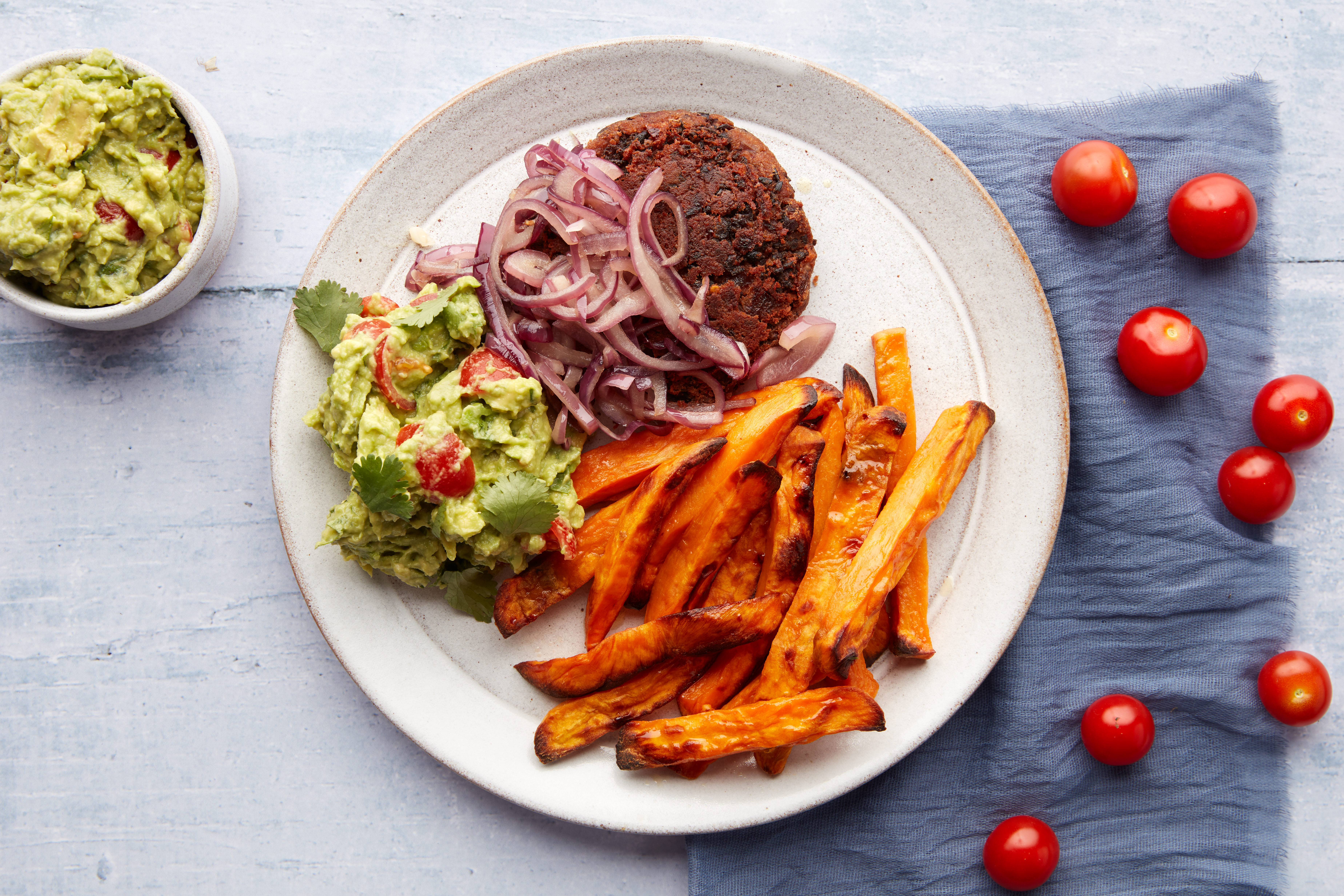Black Bean Burger with Sweet Potato Fries & Guac