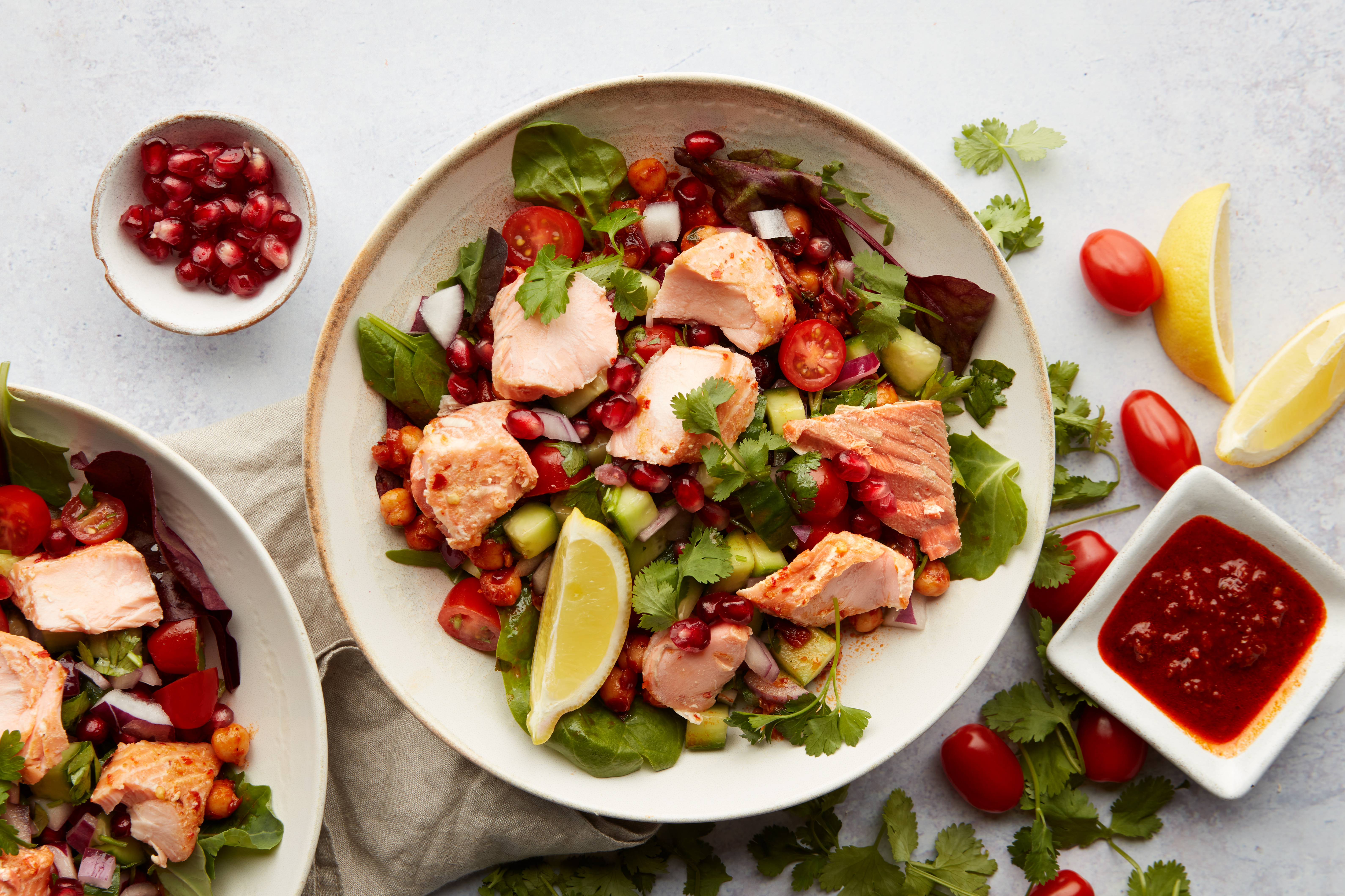 Hot-smoked Salmon, Pomegranate & Harissa Salad