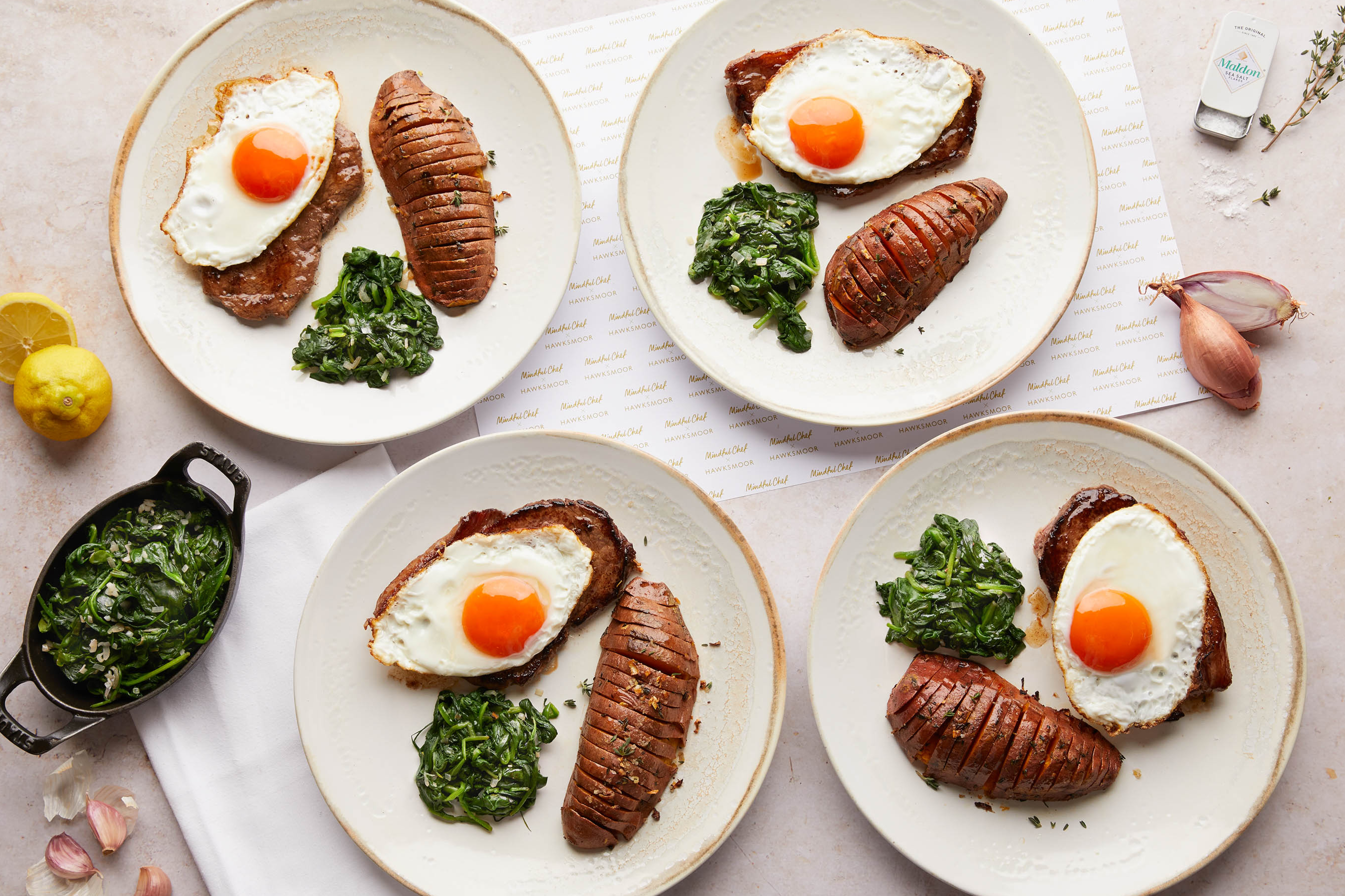 Rump steak & eggs with lemon spinach & thyme baked sweet potato