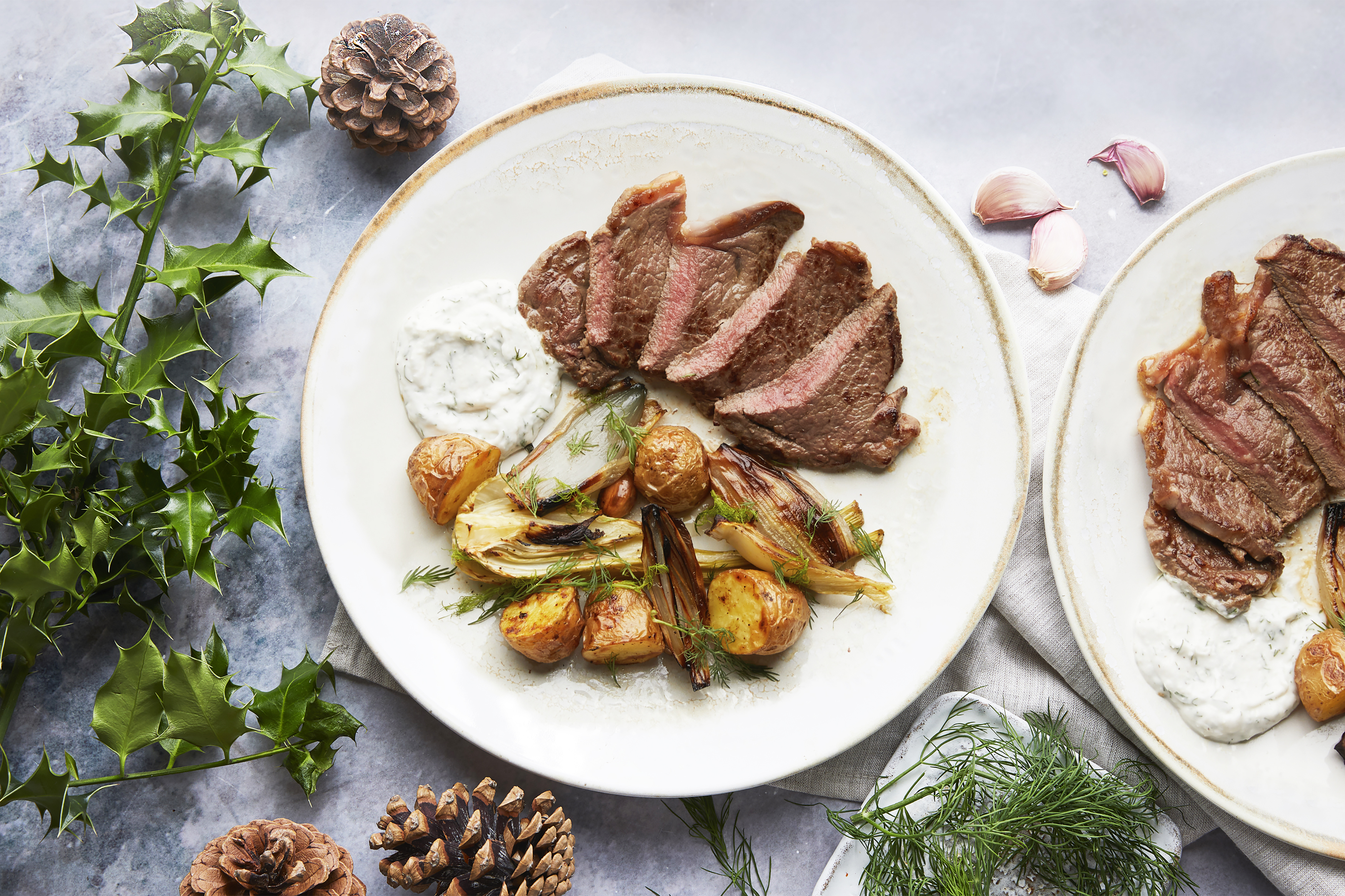 Sirloin steak with winter veg tray bake