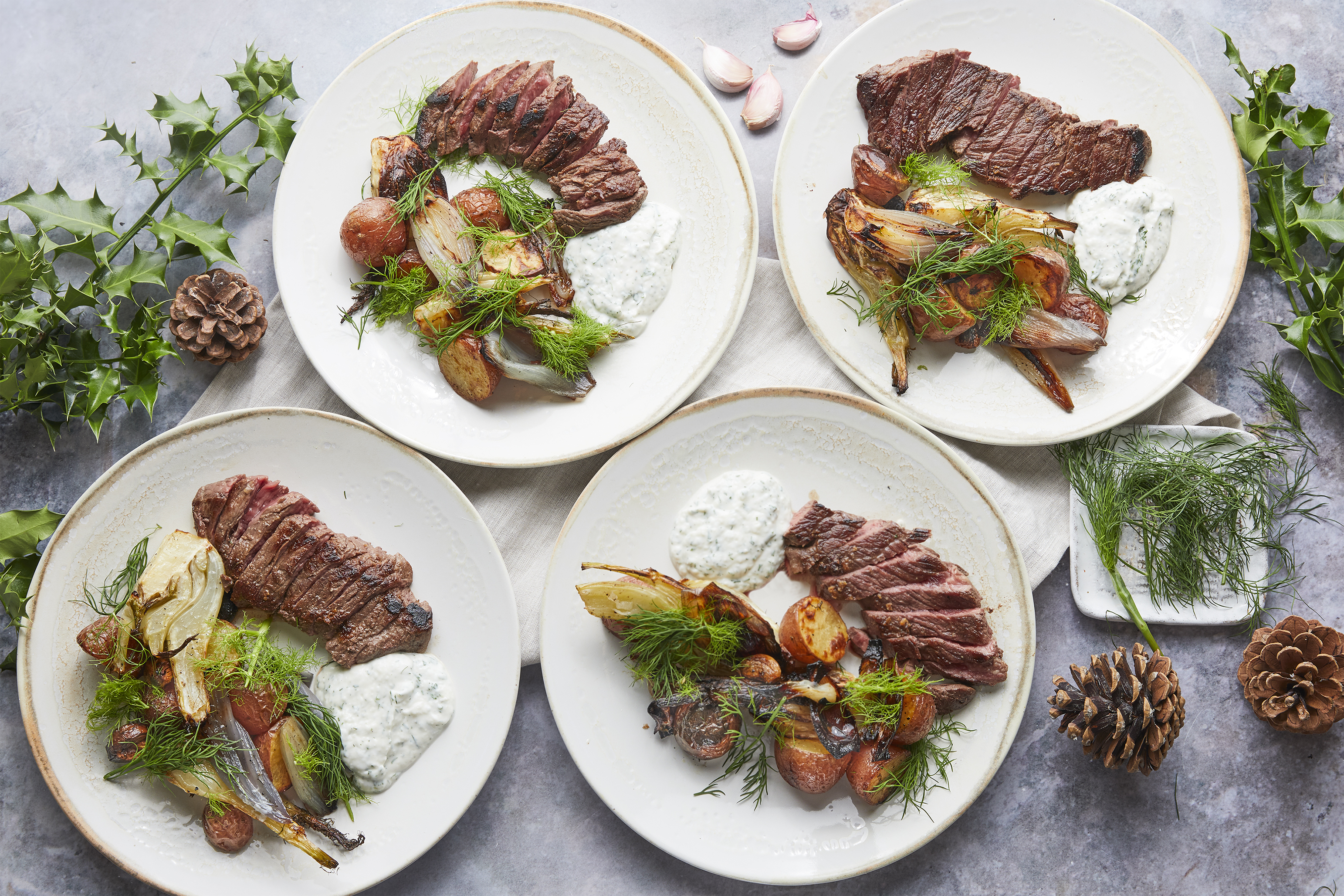 Sirloin steaks with winter veg traybake