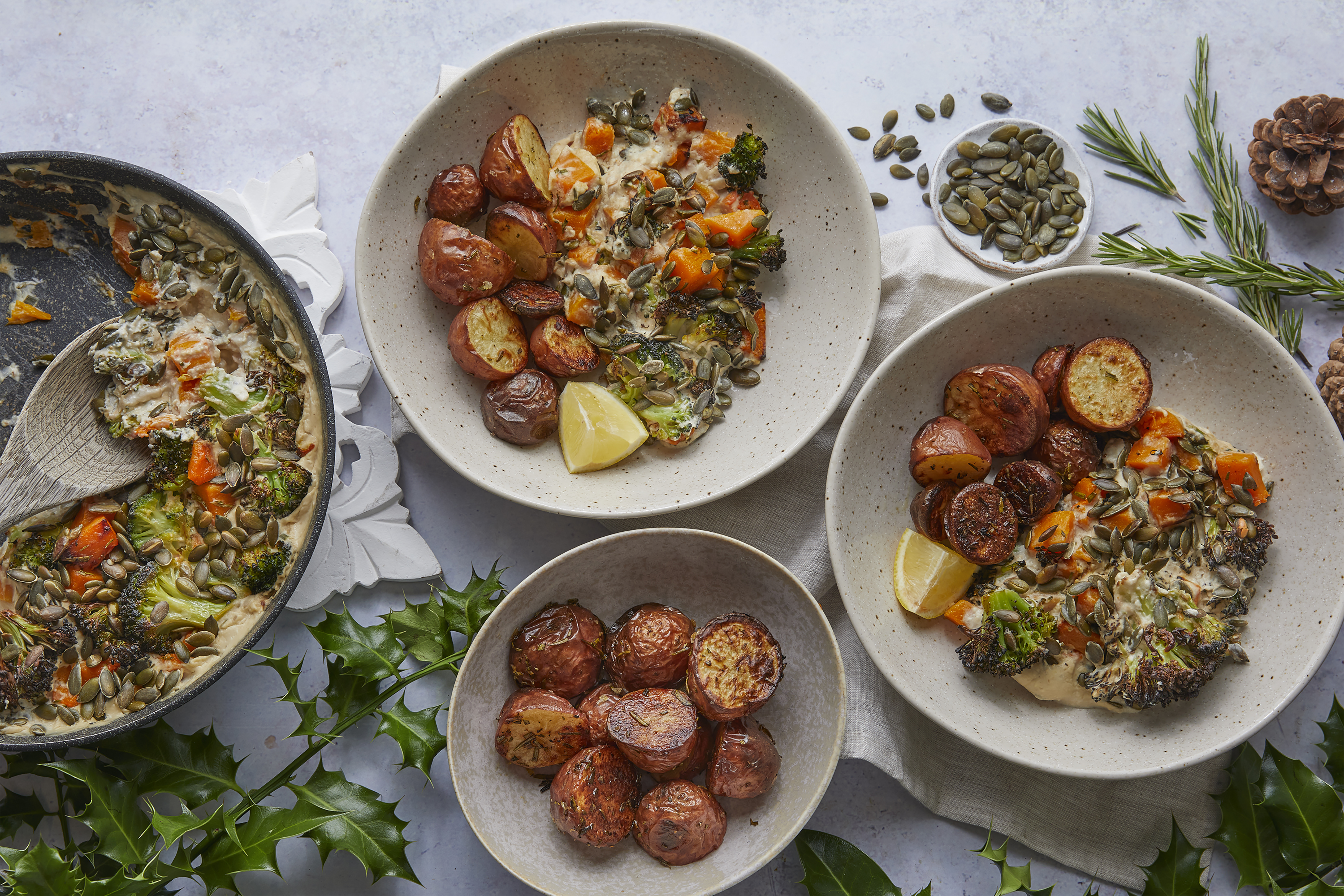 Creamy Broccoli & Squash Bake with Roast Potatoes