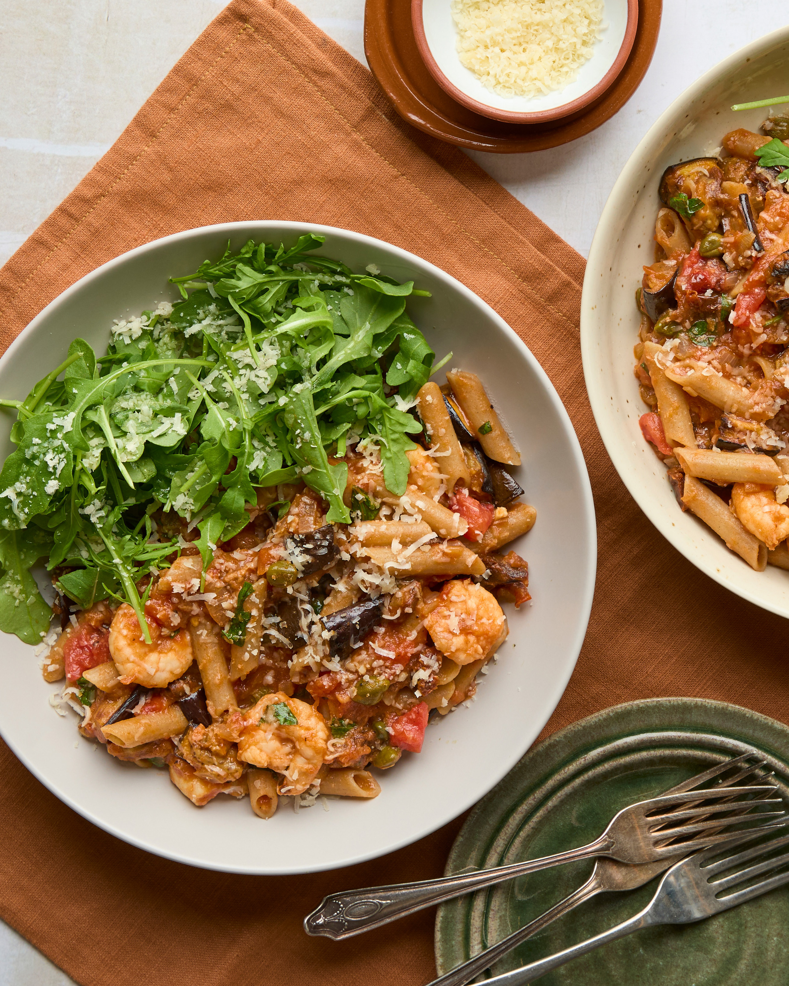 King Prawn Arrabbiata with Brown Rice Casarecce, Roasted Aubergine & Olives