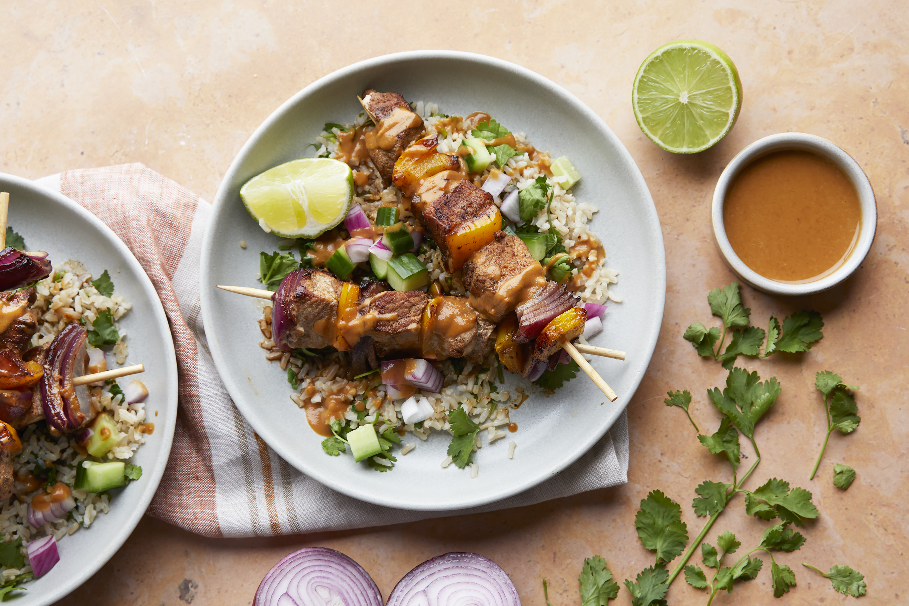 Satay Pork Skewers with Rice & Pickled Cucumber