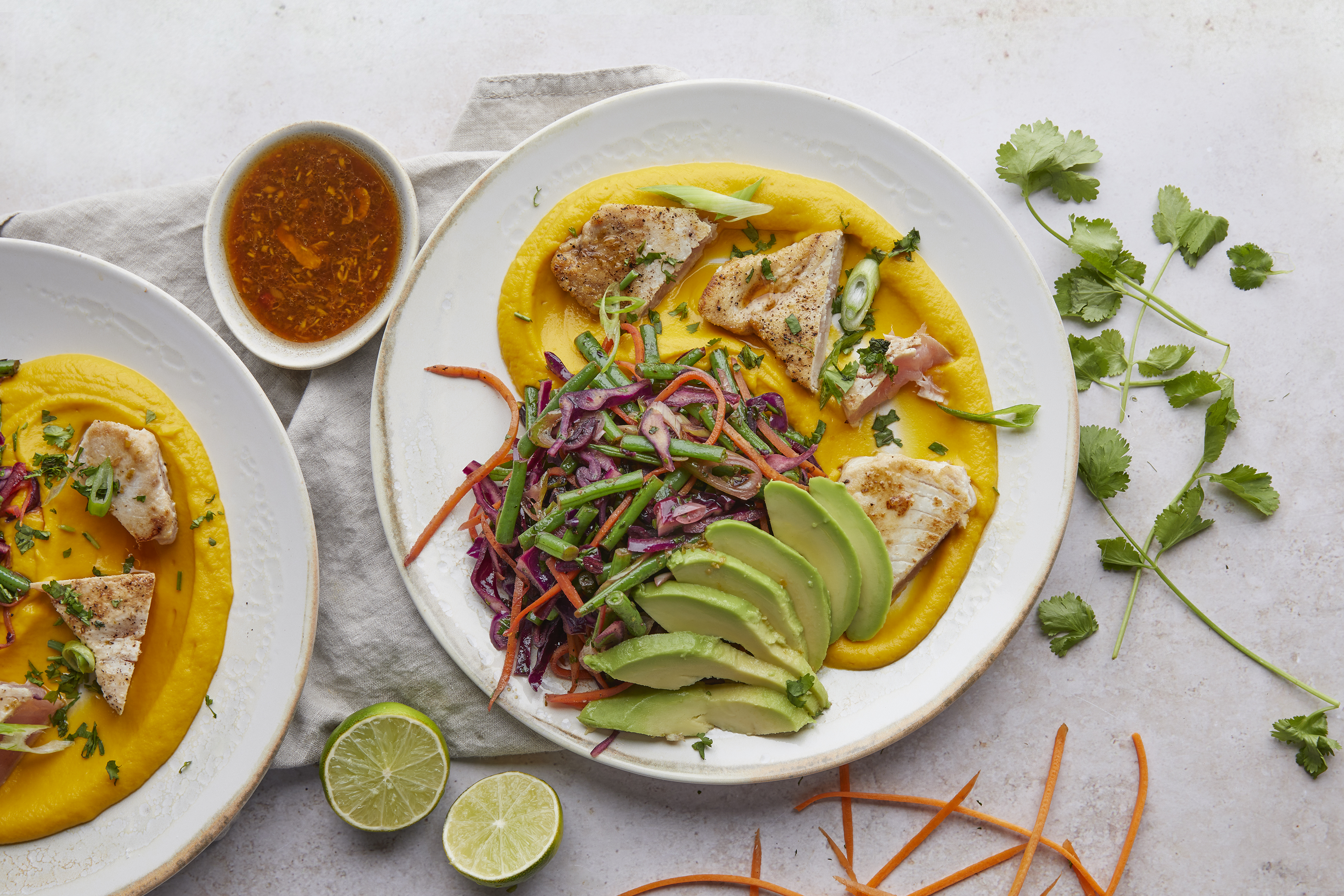 sesame tuna with sweet potato puree & greens