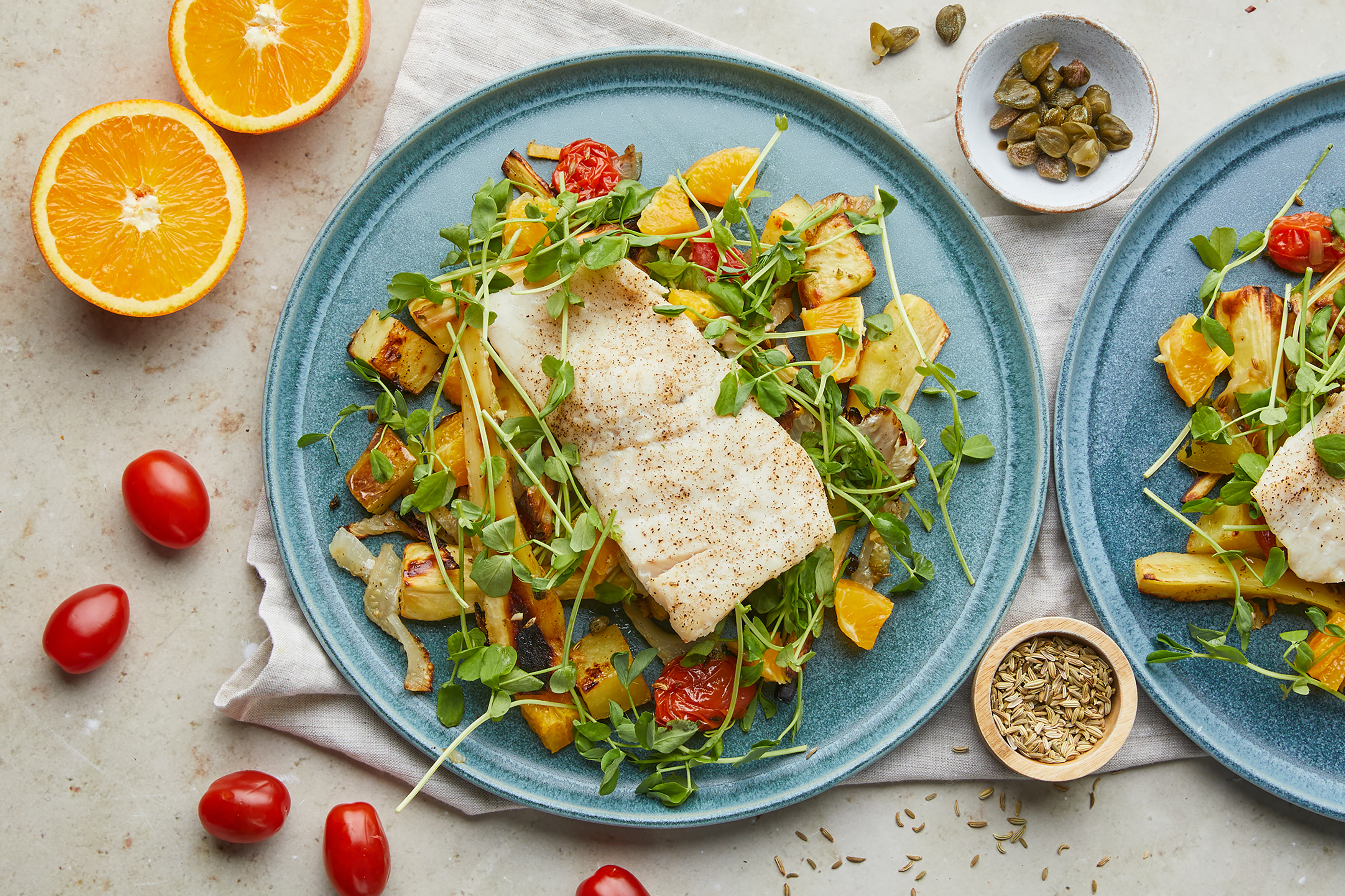 Orange & fennel roasted hake traybake