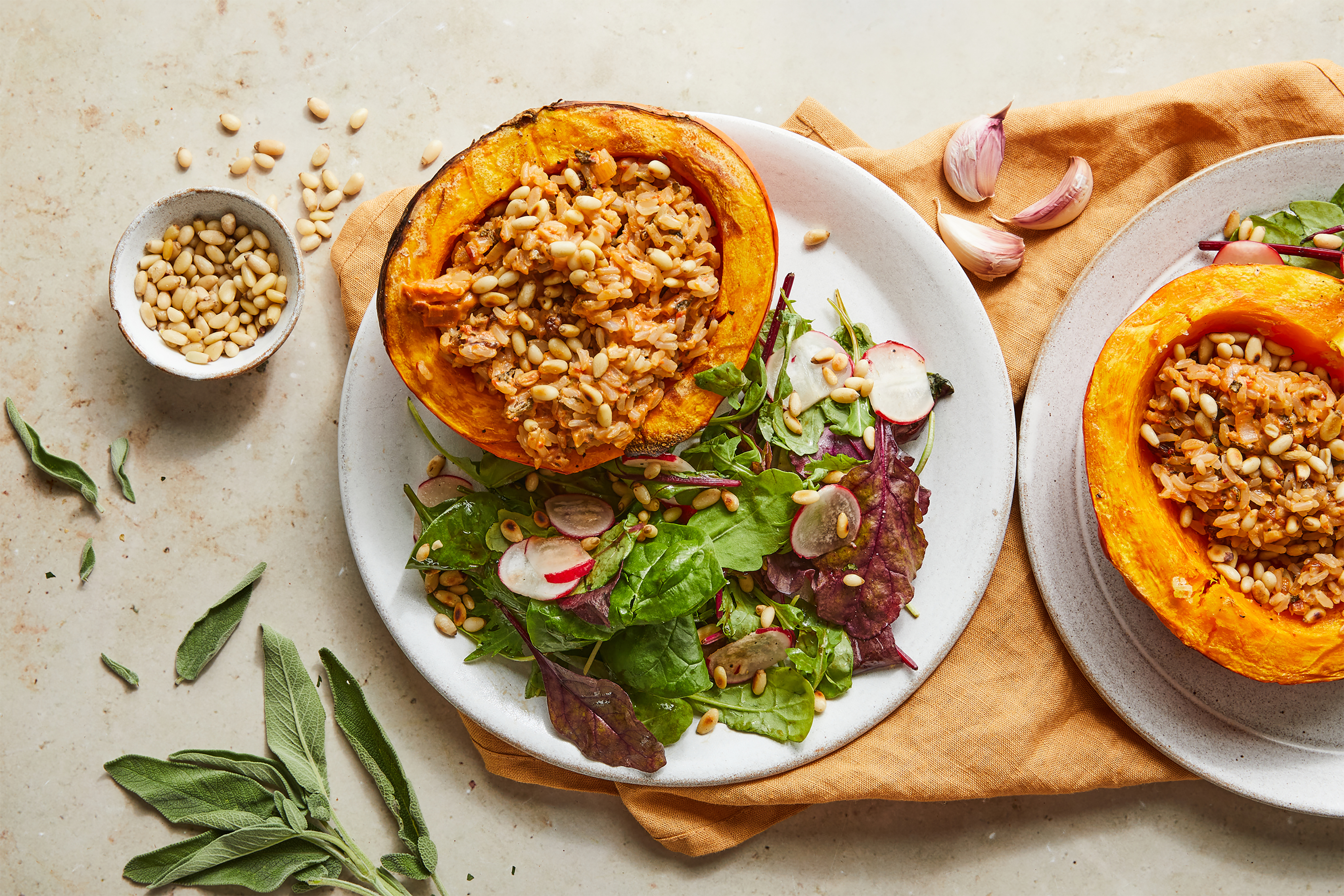 Stuffed Onion Squash with Red Pesto Rice & Salad