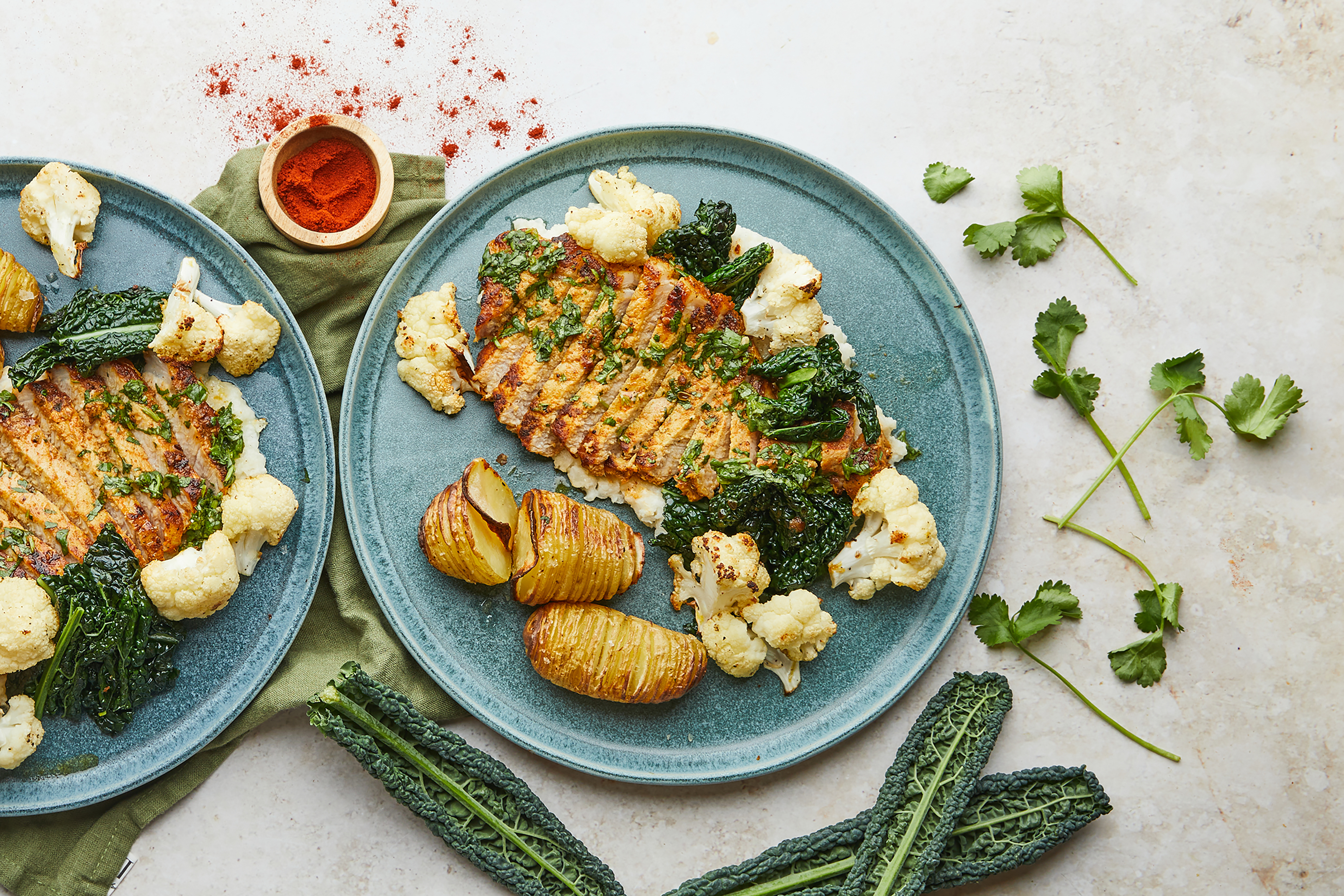 Chermoula Pork with Hasselbacks & Cauli Mash