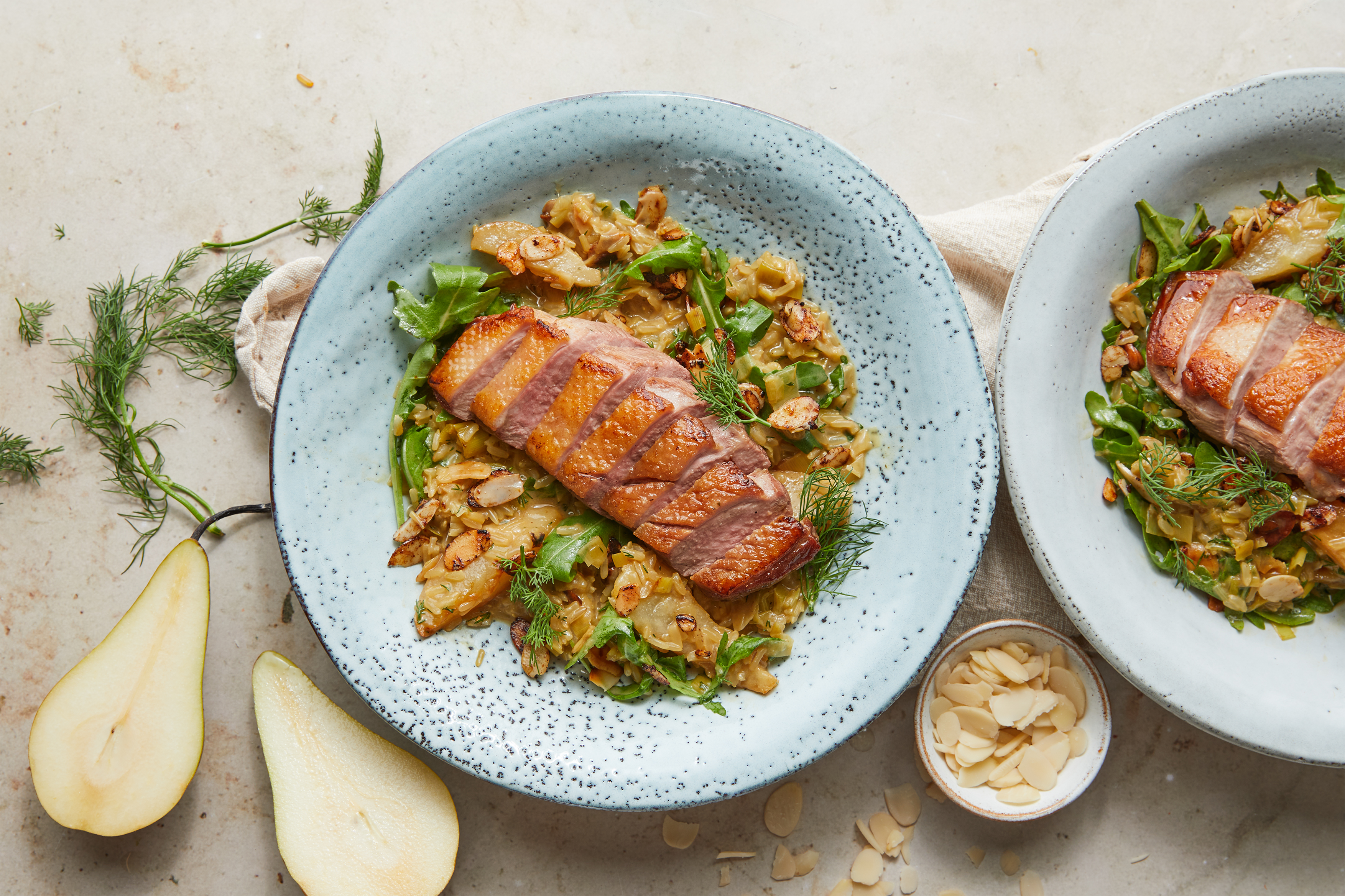 Crispy Duck with Roasted Pear & Leek Risotto