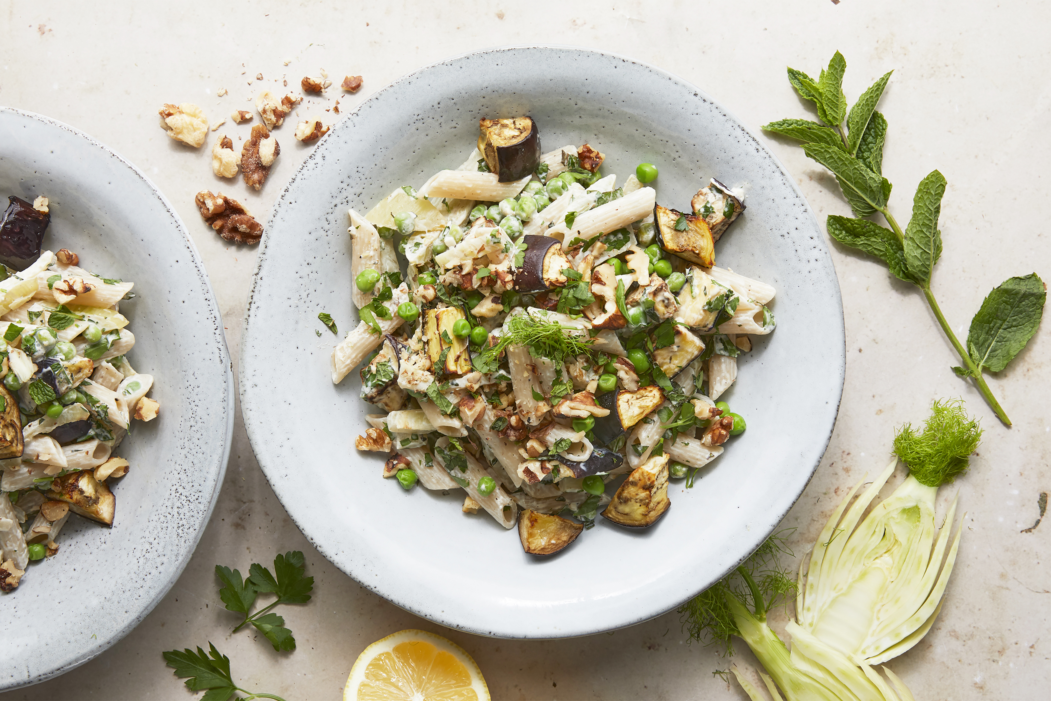 Herby fennel & pea pasta with walnuts & lemon